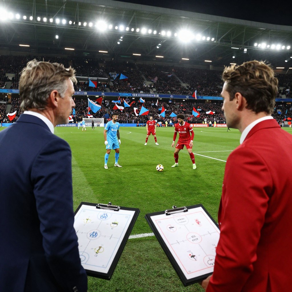 A dynamic football scene capturing the tactical showdown between Marseille and Liverpool. In the foreground, two coaches, one representing Marseille in a blue suit and the other Liverpool in a red blazer, are intensely discussing strategies, with tactical boards nearby displaying formations. In the middle, football players from both teams are positioned on a lush green pitch, looking determined as they prepare for a critical play, showcasing their distinctive jerseys. The background features a packed stadium, with fans waving flags in support, under bright floodlights that create an electrifying atmosphere. The composition should have a dramatic angle, emphasizing the intensity and excitement of the match, conveying a sense of high stakes and strategic maneuvering.