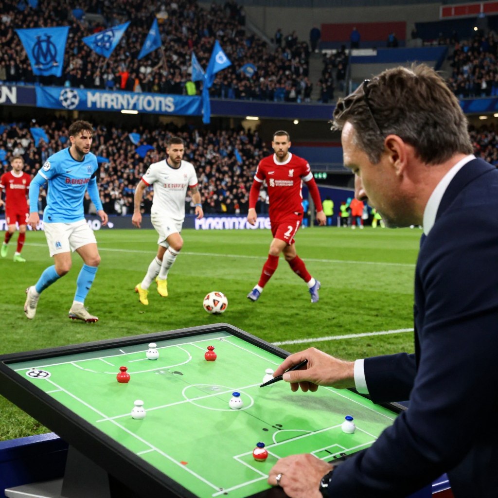 A dynamic football scene depicting a tactical analysis of a Champions League match between Marseille and Liverpool. In the foreground, an intense football analyst, dressed in professional attire, intensely studies a detailed tactical board showing player positions and strategies. In the middle ground, vibrant team jerseys of Marseille in blue and white, and Liverpool in red are visible, showcasing players in action during a fierce pass. The background features a packed stadium with supporters waving flags and banners, casting an electric atmosphere. The lighting is dramatic, highlighting the players with a soft focus on the crowd, emphasizing the tension and anticipation of a high-stakes match. Capture the mood of rivalry and strategy in a cinematic angle that feels both professional and engaging.