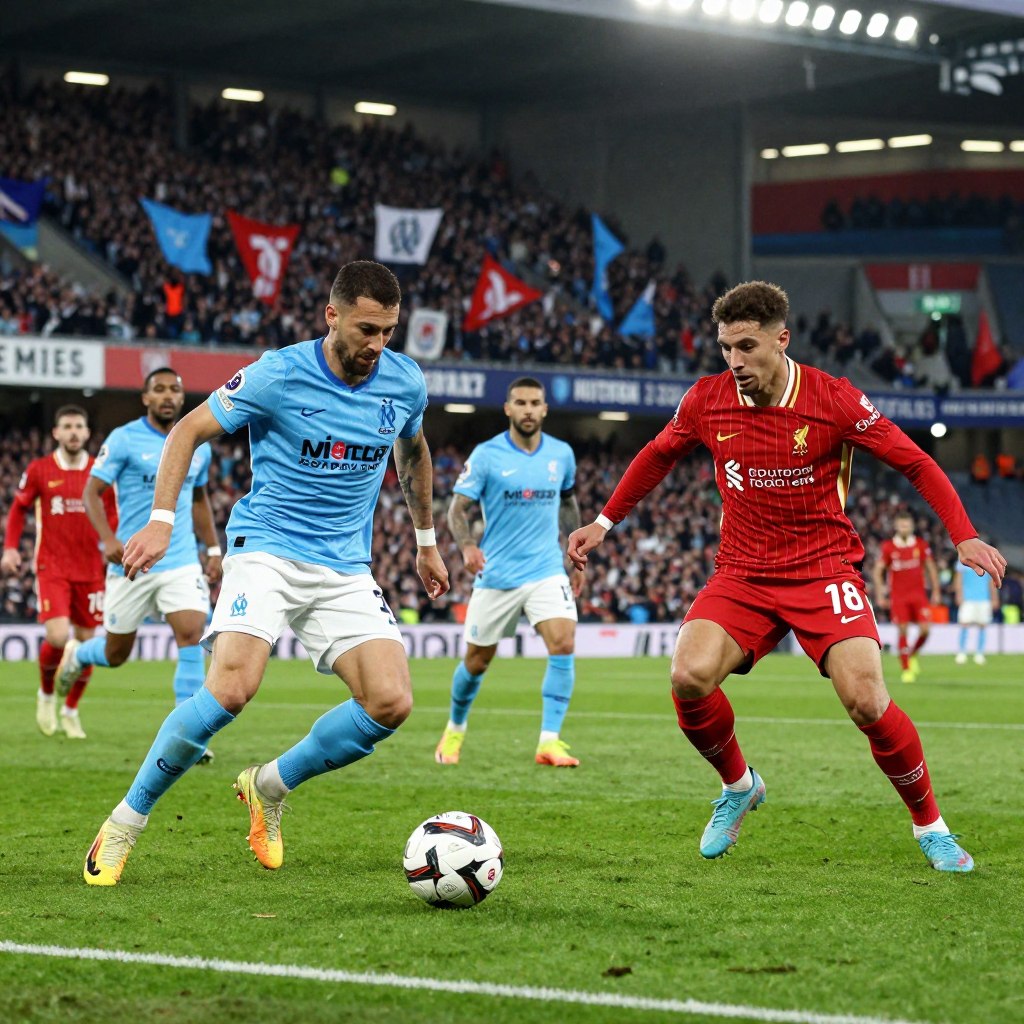 A dynamic football scene depicting an intense match between Marseille and Liverpool, featuring players in vibrant team jerseys, showcasing their athleticism and teamwork. In the foreground, a Marseille player skillfully dribbles the ball, while a Liverpool defender prepares to intercept. The middle ground captures the action of other players clashing, with passionate expressions and determined stances. The background includes a cheering crowd, waving flags, and team banners, creating an electric atmosphere in a large stadium, illuminated by bright floodlights. The composition should have a slightly low angle to emphasize the players' intensity, with a shallow depth of field to make the action pop. The overall mood is thrilling and competitive, highlighting the excitement of a high-stakes football match.