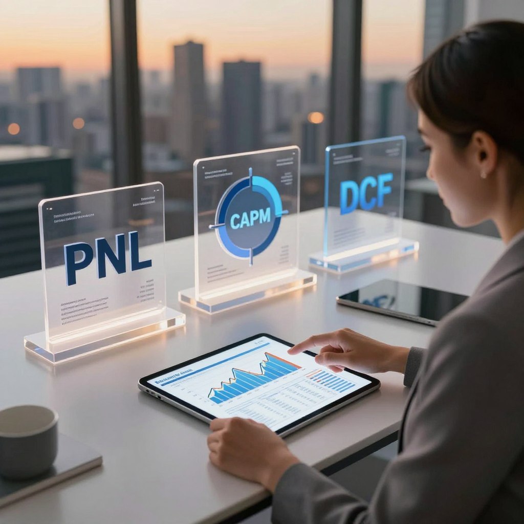A dynamic, informative comparison of financial models, featuring three distinct elements laid out on a sleek, modern desk. In the foreground, a stylish, professional-looking businesswoman points to a financial chart displayed on a tablet, showcasing intricate graphs and data. In the middle ground, various models like PNL, CAPM, and DCF are represented by visually distinct symbols, each encapsulated in clear, elegant infographics. The background features a soft-focus city skyline, symbolizing a bustling financial hub during the evening, with warm, ambient lighting casting a welcoming glow. Use a high-angle lens perspective to convey depth and professionalism, aiming for a balanced blend of knowledge and innovation within a corporate atmosphere.