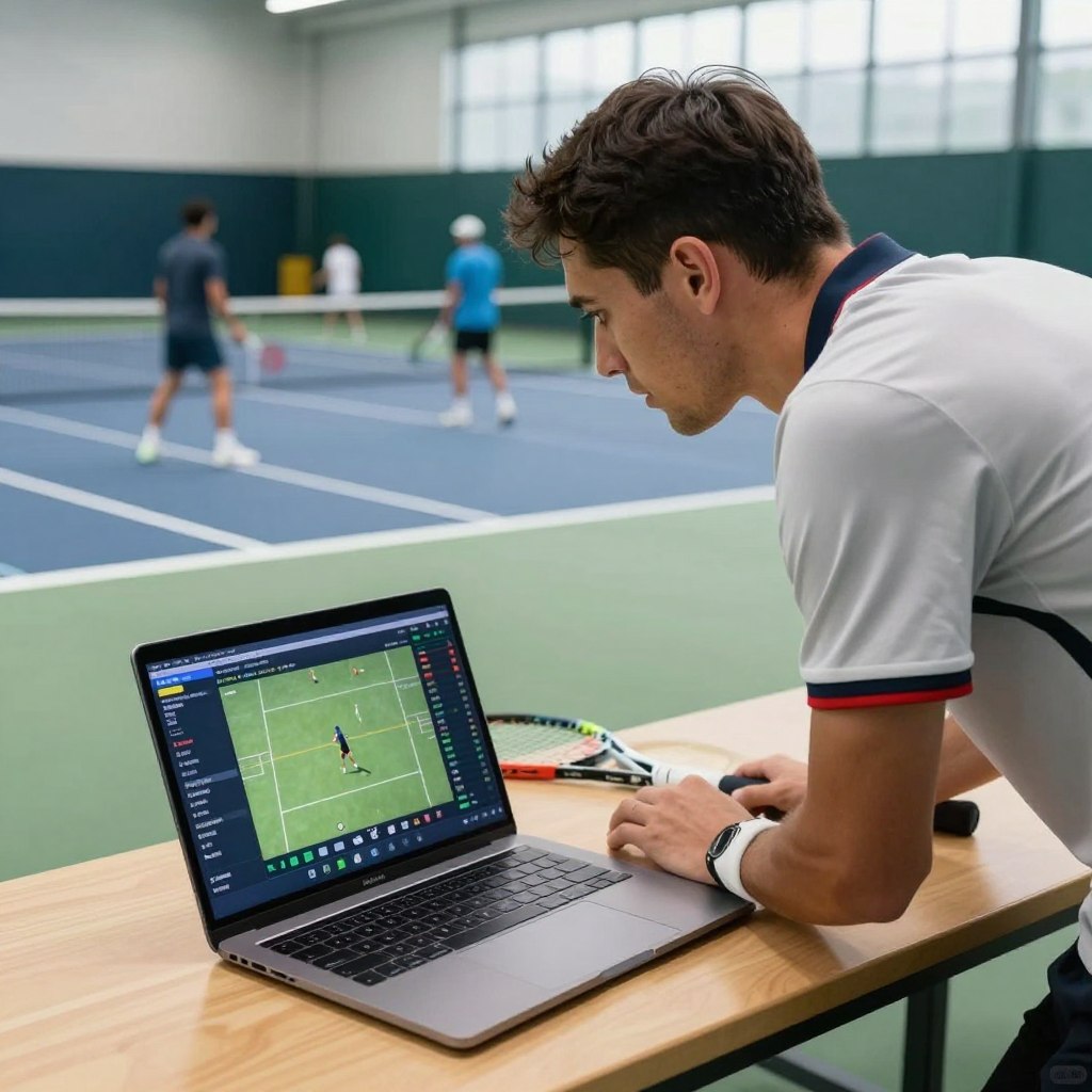 A dynamic scene capturing the essence of tennis analysis, featuring a professional male coach in a smart-casual outfit, intently reviewing match footage on a laptop in a well-lit sports training facility. In the foreground, the coach leans forward, focused on the screen, which displays key match statistics and player performance graphs. In the middle ground, a tennis court is visible with a net and players practicing in the background, highlighting the environment. The lighting is bright and natural, streaming in through large windows, creating a motivational atmosphere. The mood is analytical and intense, conveying the importance of performance evaluation in tennis. The angle is slightly elevated, offering a comprehensive view of the action, while maintaining a clear focus on the coach's engagement with the analysis. A dynamic scene capturing the essence of tennis analysis, featuring a professional male coach in a smart-casual outfit, intently reviewing match footage on a laptop in a well-lit sports training facility. In the foreground, the coach leans forward, focused on the screen, which displays key match statistics and player performance graphs. In the middle ground, a tennis court is visible with a net and players practicing in the background, highlighting the environment. The lighting is bright and natural, streaming in through large windows, creating a motivational atmosphere. The mood is analytical and intense, conveying the importance of performance evaluation in tennis. The angle is slightly elevated, offering a comprehensive view of the action, while maintaining a clear focus on the coach's engagement with the analysis.