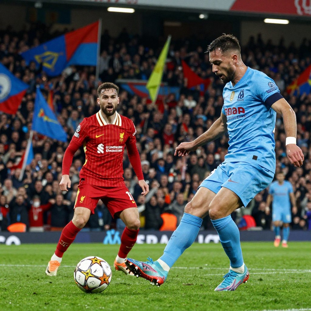 A dynamic scene capturing the final minutes of a Champions League match between Marseille and Liverpool. In the foreground, an intense player from Marseille, wearing their blue kit, prepares to take a decisive shot on goal, sweat glistening on his forehead. In the middle ground, a Liverpool defender in red reacts, muscles tensed, as the crowd of fans in the background erupts with energy. The stadium is filled with vibrant colors, flags waving, and a dramatic atmosphere accentuated by floodlights casting a bright, focused light on the action. The angle is slightly low, making the players appear larger than life against the lively backdrop, highlighting the pressure and excitement of the moment. The overall mood is charged and exhilarating, encapsulating the essence of a high-stakes football match.
