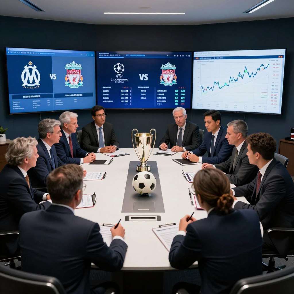 A dynamic scene capturing the financial stakes of a UEFA Champions League match between Marseille and Liverpool. In the foreground, a conference room filled with diverse business professionals in smart attire, intently discussing financial graphs and projections on large digital screens. The middle ground features a stylized table showcasing football memorabilia and financial documents, with an elegant trophy subtly placed to symbolize ambition. The background displays a digital scoreboard with the teams' logos and financial statistics lighting up. The atmosphere is tense yet optimistic, illuminated by soft overhead lighting creating an intense focus on the discussions. The angle is slightly above eye level, offering a comprehensive view of the scene. The overall mood exudes professionalism mixed with the excitement of a high-stakes sporting event.