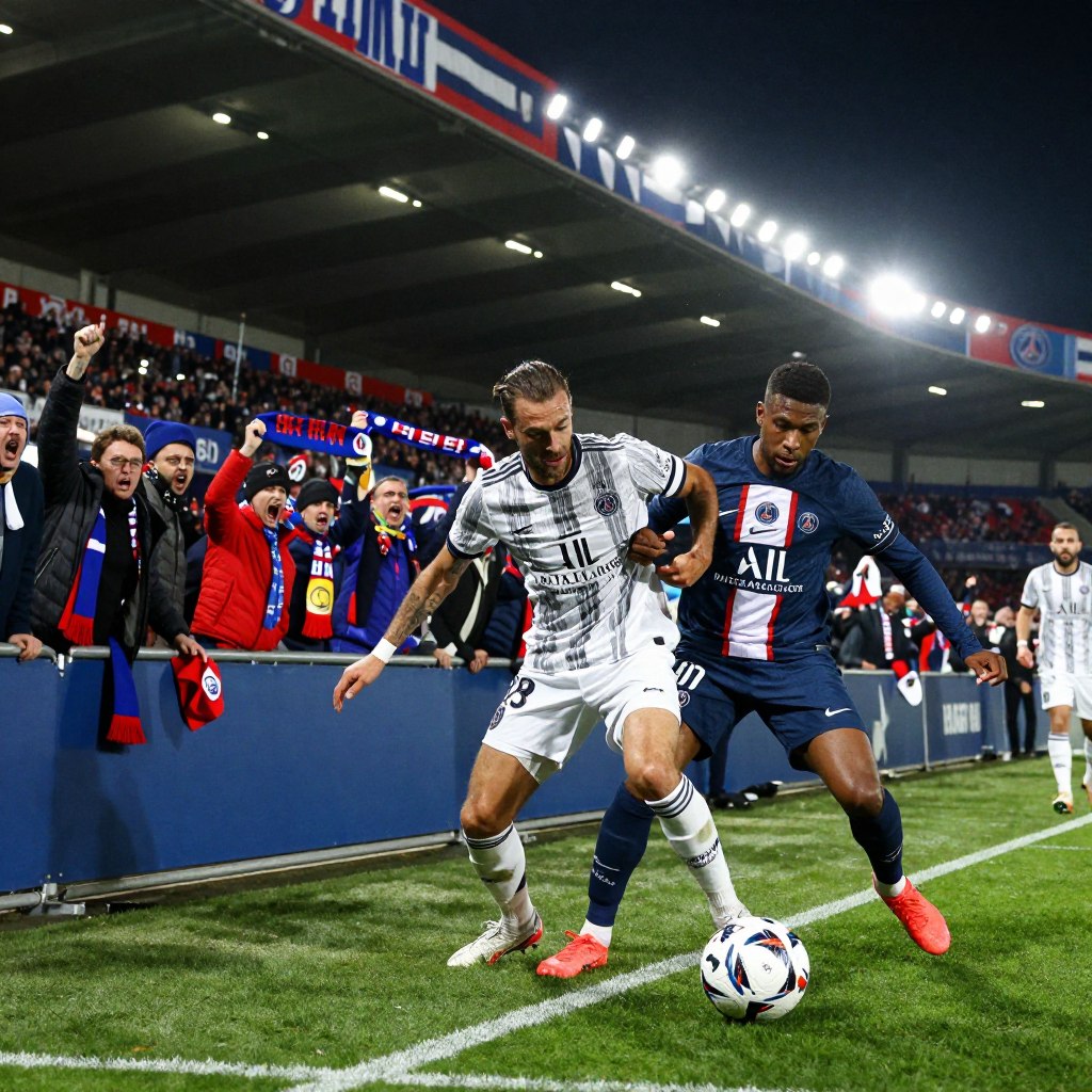 A dynamic scene capturing the intensity of the match between Auxerre and Paris-SG. In the foreground, focus on a tightly contested duel between two players, one in Auxerre's traditional striped jersey and the other in Paris-SG's vibrant colors. The players are displaying determination and focus, their muscles tensed as they contest for the ball. In the middle ground, a group of excited fans clad in team colors is cheering fervently, waving flags and scarves, their faces illuminated by stadium lights that create a vibrant atmosphere. The background shows a packed stadium under a night sky, with banners and lights enhancing the electrifying mood. The angle should evoke a sense of motion, as if capturing a pivotal moment in the match. Aim for high contrast lighting to emphasize the action and emotion present in the scene.