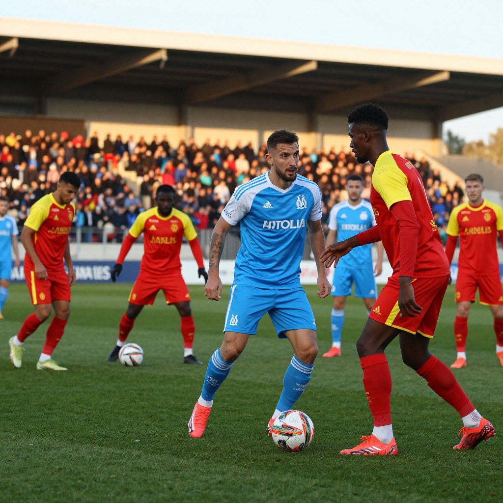A dynamic scene depicting a football team in training on a grassy field, showcasing players in Marseille and Lens uniforms. In the foreground, focus on two players, one wearing a vibrant blue and white Marseille kit, and the other in a striking red and yellow Lens kit, engaged in a spirited discussion about strategy. In the middle ground, other team members are seen performing drills, practicing passing and shooting, showcasing their athleticism. The background features a stadium with cheering fans, softly blurred to emphasize the players. The lighting is warm and golden, suggesting an evening practice under a clear sky. The overall mood is intense yet hopeful, capturing the anticipation of an upcoming match while highlighting the theme of absence due to injuries, with some players visibly resting on the sidelines.