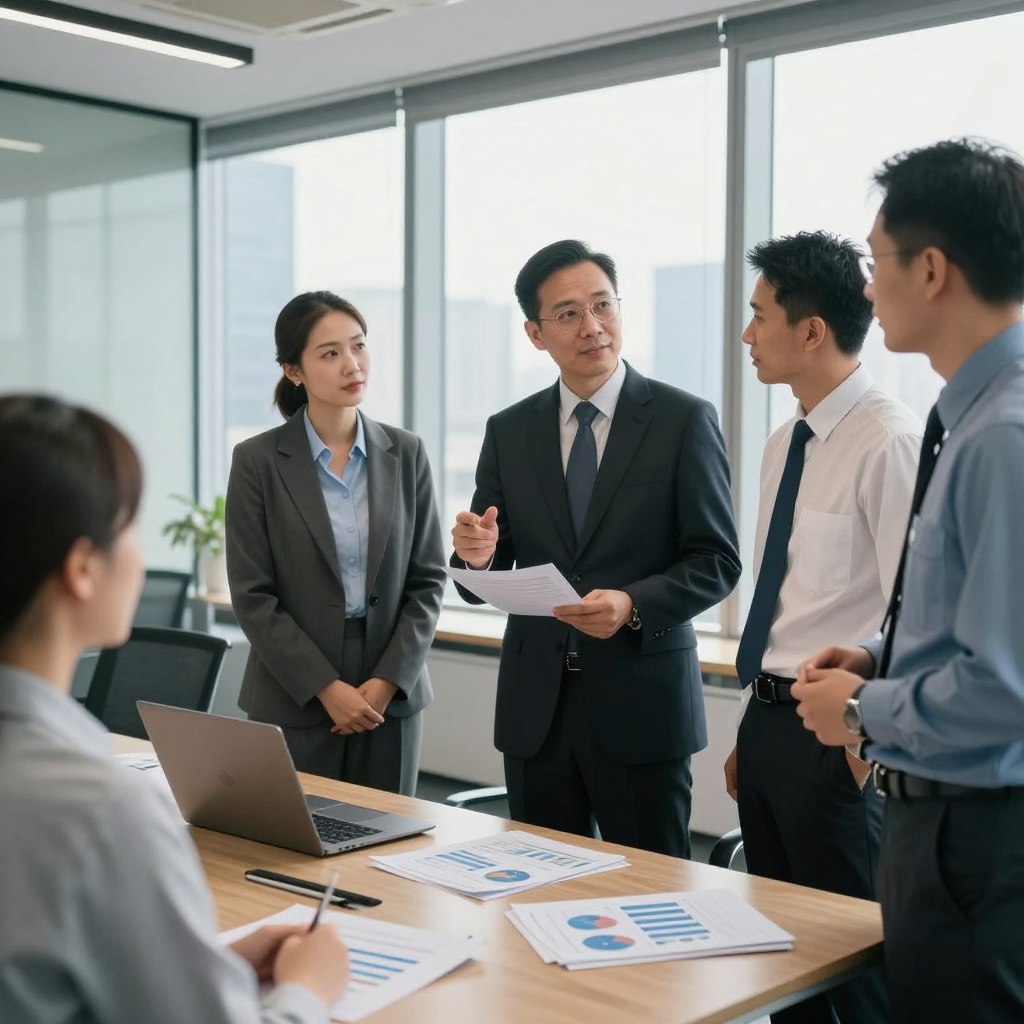 A dynamic scene depicting a group of former finance inspectors standing together in a modern office environment, showcasing camaraderie and success. In the foreground, three individuals in professional business attire share their experiences, with one gesturing thoughtfully while the others listen intently. The middle ground features a sleek conference table with financial reports and a laptop, suggesting a collaborative atmosphere. The background includes large windows with a city skyline, bathing the scene in natural light. A soft, warm glow enhances the sense of achievement and reflection in the air. The overall mood is inspiring and professional, conveying the essence of shared knowledge and ambition within the finance sector.