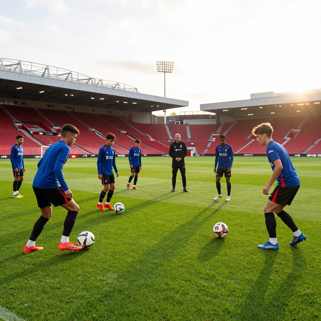 A dynamic scene highlighting Liverpool youth players in training on a lush green pitch, showcasing glimpses of their dedication and teamwork. In the foreground, a diverse group of young athletes in Liverpool training kits, engaged in various drills, demonstrating skills like dribbling and passing. The middle ground features a coach providing guidance, emphasizing the importance of mentoring. In the background, the iconic Liverpool stadium stands tall, bathed in the warm glow of sunset, casting soft shadows across the field. The atmosphere is vibrant and hopeful, capturing the essence of growth and potential in a footballing career. The image is shot from a low angle, providing an inspiring perspective, with bright, natural lighting enhancing the energetic mood. A dynamic scene highlighting Liverpool youth players in training on a lush green pitch, showcasing glimpses of their dedication and teamwork. In the foreground, a diverse group of young athletes in Liverpool training kits, engaged in various drills, demonstrating skills like dribbling and passing. The middle ground features a coach providing guidance, emphasizing the importance of mentoring. In the background, the iconic Liverpool stadium stands tall, bathed in the warm glow of sunset, casting soft shadows across the field. The atmosphere is vibrant and hopeful, capturing the essence of growth and potential in a footballing career. The image is shot from a low angle, providing an inspiring perspective, with bright, natural lighting enhancing the energetic mood.