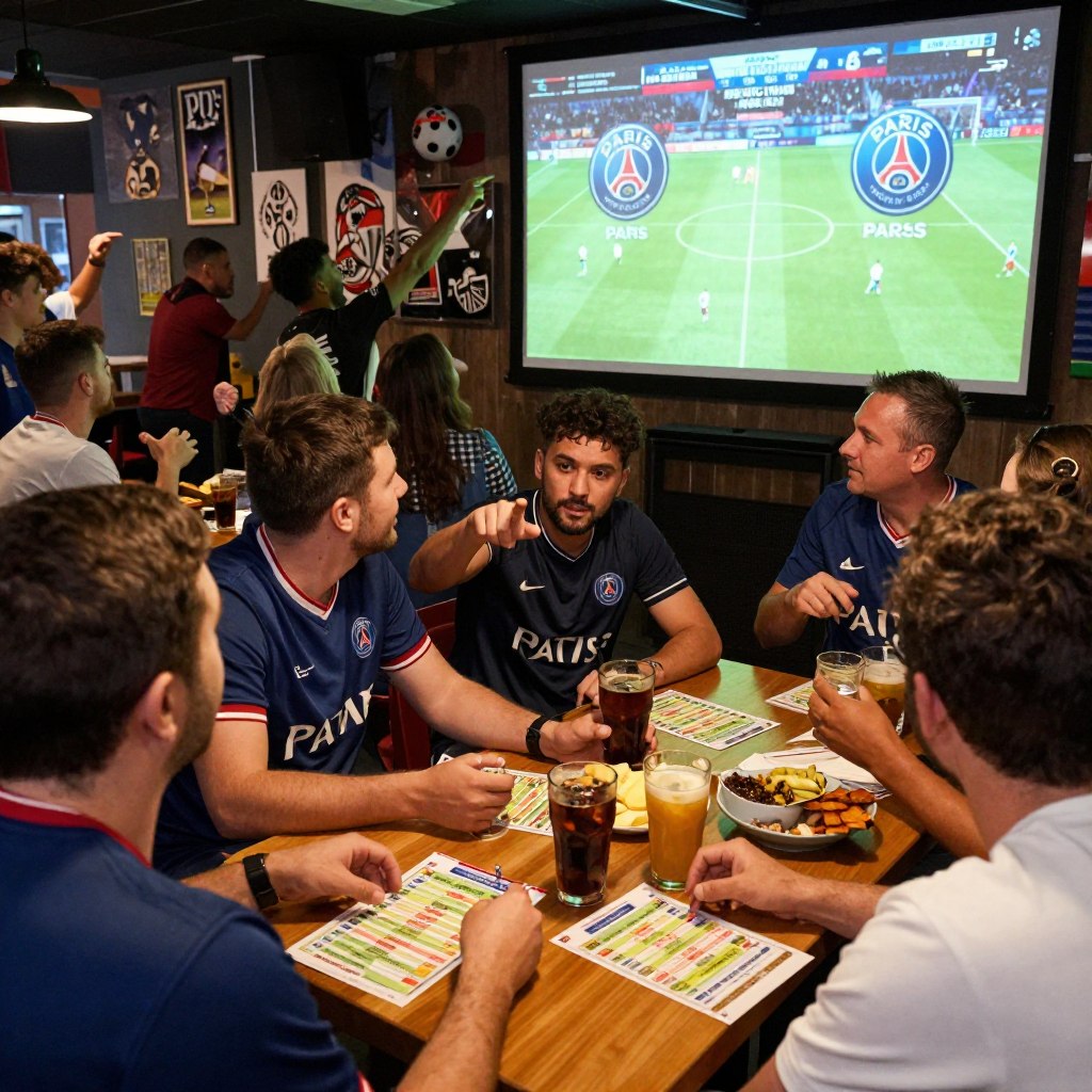 A dynamic scene portraying a digital prediction match between Auxerre and Paris-SG, set in a vibrant sports bar ambiance. In the foreground, a detailed table with football betting slips, drinks, and snacks, capturing excitement and anticipation. The middle ground showcases fans in jerseys, intently discussing and analyzing the match, with some pointing at a large screen displaying the teams' logos. In the background, a lively atmosphere filled with cheering crowds and football memorabilia, emphasizing the passionate vibe of the game. The lighting is bright and energetic, with a focus on the screen to enhance the mood of prediction and enthusiasm. The angle is slightly overhead, capturing the interactions of fans while highlighting the action on the screen, creating an immersive experience.