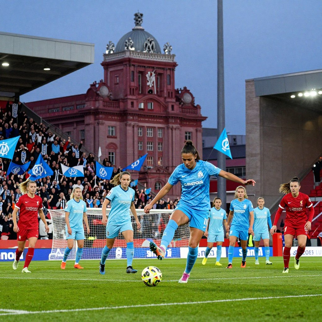A dynamic scene showcasing the women's football team of Olympique de Marseille (OM) in action during a match at Liverpool's iconic Anfield Stadium. In the foreground, a diverse group of female players in professional football kits, representing OM, displaying determination and teamwork, with one player striking a powerful kick towards the goal. The middle ground features energetic supporters in the stands, waving OM flags and banners, creating an atmosphere of excitement and passion. In the background, the famous Anfield architecture, illuminated by stadium lights at dusk, enhances the dramatic ambiance. Capture this moment with a wide-angle lens effect, emphasizing the intensity of the game under bright, vivid lighting, projecting an inspiring and celebratory mood. A dynamic scene showcasing the women's football team of Olympique de Marseille (OM) in action during a match at Liverpool's iconic Anfield Stadium. In the foreground, a diverse group of female players in professional football kits, representing OM, displaying determination and teamwork, with one player striking a powerful kick towards the goal. The middle ground features energetic supporters in the stands, waving OM flags and banners, creating an atmosphere of excitement and passion. In the background, the famous Anfield architecture, illuminated by stadium lights at dusk, enhances the dramatic ambiance. Capture this moment with a wide-angle lens effect, emphasizing the intensity of the game under bright, vivid lighting, projecting an inspiring and celebratory mood.