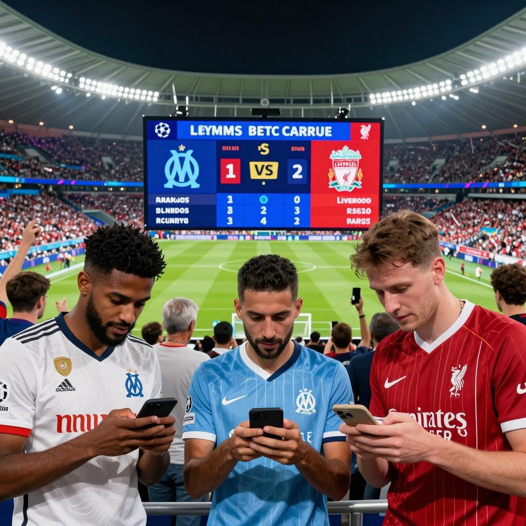 A dynamic soccer betting scene illustrating the anticipation of the match between Marseille and Liverpool. In the foreground, a diverse group of three sports fans, wearing jerseys of both teams, enthusiastically studying betting odds displayed on their smartphones while surrounded by soccer paraphernalia. The middle layer features a large, vivid scoreboard showing the match details and odds flipping through numbers, enhancing the betting atmosphere. In the background, a stylized view of the iconic Stade Vélodrome, filled with cheering fans under stadium lights, capturing the excitement of the Champions League. The image should convey a sense of energy and camaraderie, with a slightly blurred focus to emphasize the fans' excitement. Utilize bright, saturated colors and dramatic lighting to enhance the mood and capture the thrill of sports betting.