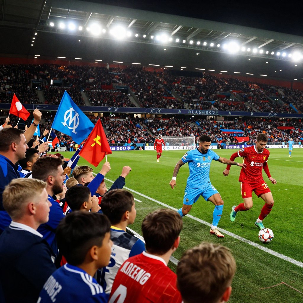 A dynamic soccer scene depicting a crucial Champions League match between Marseille and Liverpool. In the foreground, a passionate crowd in vibrant team colors, waving flags and wearing jerseys, their expressions a mix of anticipation and excitement. In the middle ground, two players—one from Marseille in a striking blue jersey and one from Liverpool in a bold red kit—engaged in an intense duel for the ball, showcasing athleticism and determination. In the background, a packed stadium under dramatic floodlights, creating a vibrant atmosphere filled with energy. The scene captures the emotional weight of the match with vivid colors and clear details, emphasizing the significance of the encounter in the football landscape. The angle is slightly elevated to encompass the crowd and the action, bathed in a warm glow from the stadium lights.