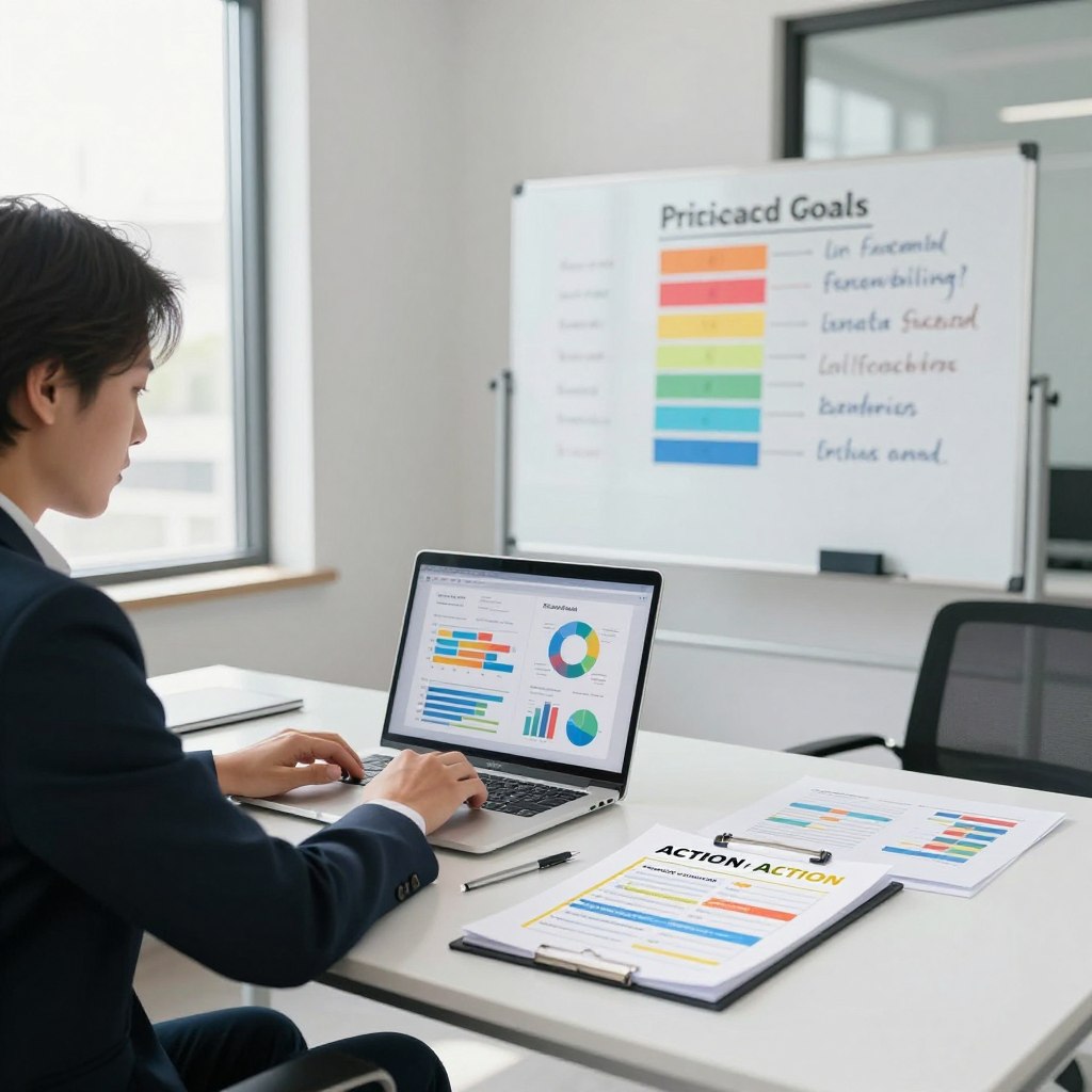 A focused financial planner sits at a sleek, modern desk in a well-lit office, analyzing colorful graphs and charts on a laptop screen. The foreground features a variety of financial documents, including a clear action plan with bold goals written. In the middle, a whiteboard displays key financial objectives in vibrant colors, while inspirational quotes about fiscal responsibility are subtly incorporated in the background. Large windows let in natural light, creating a bright and optimistic atmosphere. The overall mood emphasizes clarity, organization, and professionalism, reflecting the importance of setting clear financial goals. The scene is framed using a wide-angle lens, with a soft, blurred background that draws attention to the planner's focused expression.
