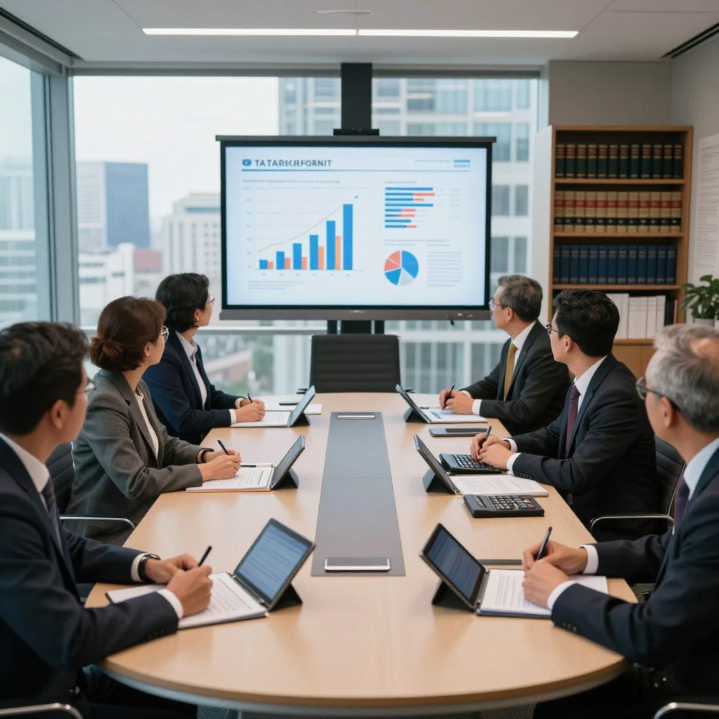 A focused government meeting taking place in a modern, well-lit conference room with large windows overlooking a cityscape. In the foreground, a diverse group of professionals in business attire gather around a sleek, oval table covered with financial reports, calculators, and digital tablets. The middle ground features a large projection screen displaying complex graphs and charts related to tax reforms. In the background, shelves filled with legal documents and economic books add depth. The atmosphere is tense yet purposeful, reflecting the urgency of addressing fiscal reforms amid a crisis. Soft, natural light filters through the windows, illuminating the dedicated expressions of the participants. Shot with a 35mm lens for a well-balanced perspective.