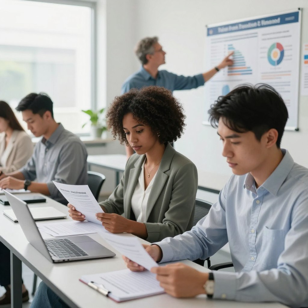 A focused, professional scene depicting a diverse group of candidates sitting in a bright, modern examination room. In the foreground, a young man of Asian descent is seated at a desk, intently studying his notes on public finance policies. In the middle ground, a young woman of Black descent reviews her application materials with a determined expression, while a middle-aged man of Caucasian descent gestures towards a large poster on the wall showcasing key financial concepts. The background features large windows allowing natural light to flood the space, casting soft shadows. The atmosphere is serious yet optimistic, highlighting the candidates' determination and ambition for a public finance career. The image should be captured with a slightly blurred depth of field, emphasizing the candidates while adding a sense of professionalism to the environment.