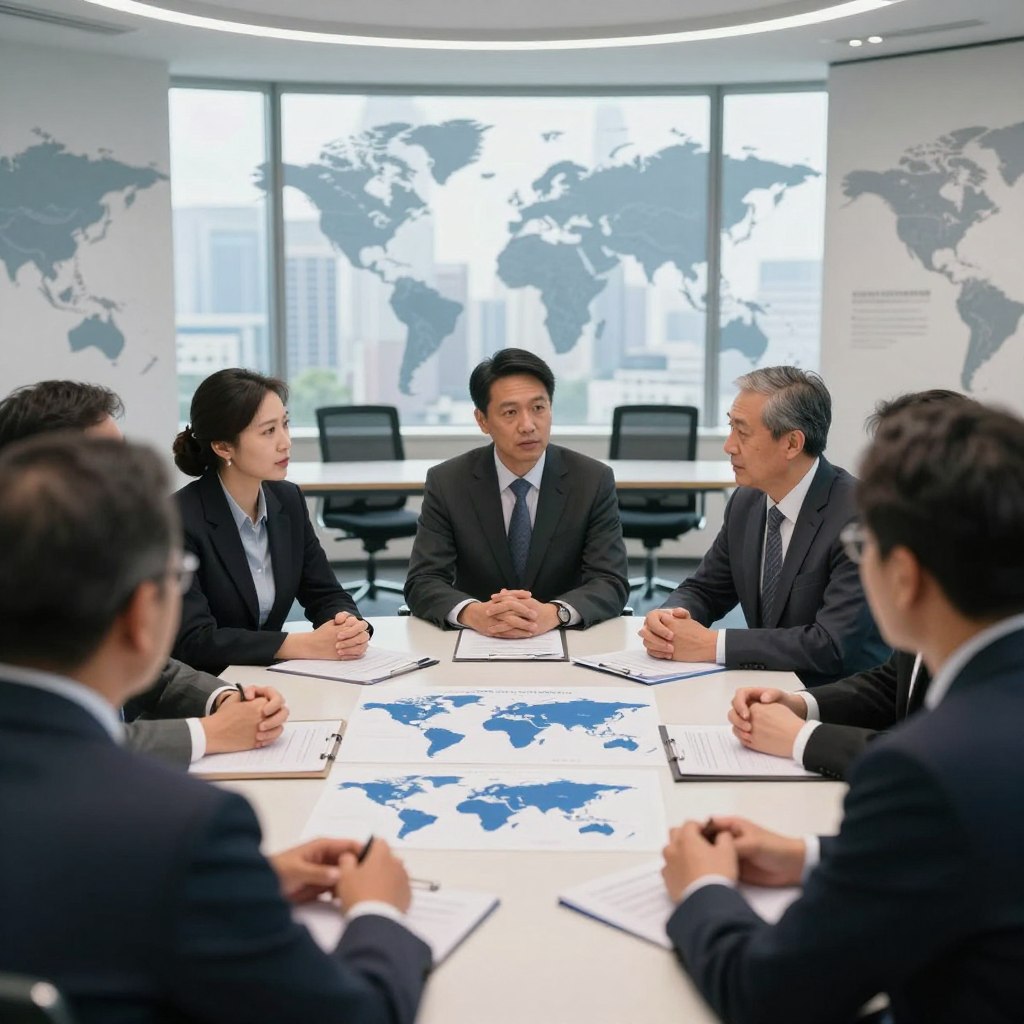 A focused scene depicting a national economy discussion. In the foreground, a diverse group of business professionals, including a male and female minister in business attire, are engaged in a serious conversation, with charts and graphs on a table indicating globalization trends. In the middle ground, a modern conference room filled with large windows showcasing a city skyline, indicating a blend of tradition and innovation. The background features subtle world maps on the walls, highlighting global connections. Soft, natural lighting casts a bright yet serious atmosphere. The camera perspective is slightly angled to capture both the individuals and the broader setting, conveying a sense of urgency and importance regarding globalization's impact on national economy.