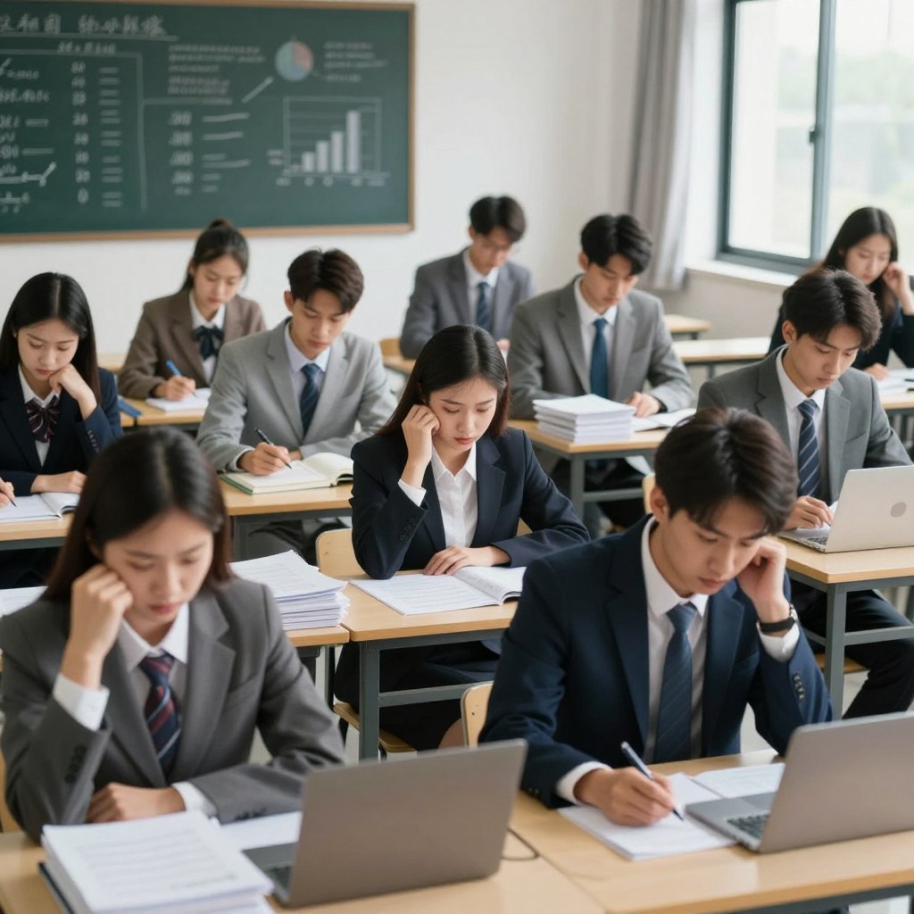 A focused scene depicting a professional examination environment for candidates taking the competitive exam to become public finance inspectors. In the foreground, a diverse group of individuals in professional business attire sits at desks, studying intensely, their expressions a mix of concentration and anxiety. The middle ground features stacks of papers, notebooks, and laptops, symbolizing the vast amount of material to cover. The background shows a classroom setting with a blackboard filled with complex figures and financial concepts. Soft, natural lighting filters in through large windows, creating a serene yet tense atmosphere, with a slight focus on the candidates to highlight their shared challenges. Use a slightly elevated angle to capture the depth of the scene.