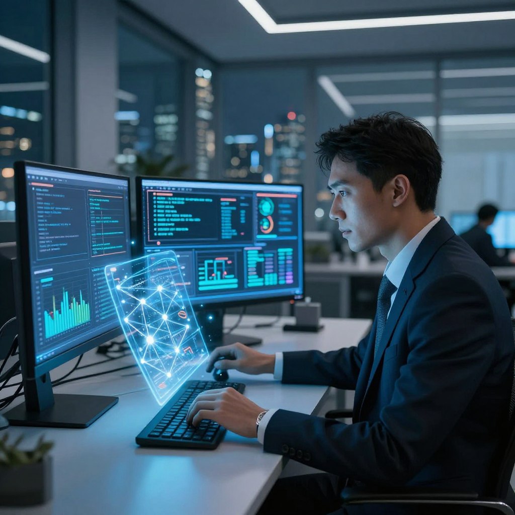 A futuristic fintech cybersecurity environment, featuring a sleek office space equipped with advanced technology. In the foreground, a professional wearing a smart business suit analyzes a holographic interface displaying data security graphs and network connections, illuminated by a cool blue glow. In the middle ground, multiple monitors exhibit complex code and cybersecurity metrics, reflecting light onto the polished surfaces. The background showcases a modern city skyline through large windows, hinting at innovation and progress. The overall atmosphere is tense yet hopeful, embodying cutting-edge security measures in fintech. Utilizing dramatic lighting to emphasize the importance of cybersecurity, capture the essence of a tech-driven financial future with clarity and professionalism.