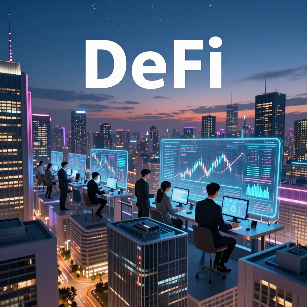 A futuristic representation of decentralized finance (DeFi), showcasing a vibrant cityscape in the foreground filled with sleek, modern buildings featuring holographic displays of financial data. In the middle ground, diverse professionals in business attire are collaborating at high-tech workstations, analyzing blockchain graphs on interactive screens. The background showcases a sprawling skyline at dusk, illuminated by neon lights that symbolize innovation and technology. Soft ambient lighting enhances the atmosphere, highlighting the excitement and potential of DeFi. A clear night sky with stars adds a sense of limitless possibilities. The perspective is wide-angle, emphasizing both the bustling city life and the digital essence of finance, encapsulating the essence of the future of DeFi. A futuristic representation of decentralized finance (DeFi), showcasing a vibrant cityscape in the foreground filled with sleek, modern buildings featuring holographic displays of financial data. In the middle ground, diverse professionals in business attire are collaborating at high-tech workstations, analyzing blockchain graphs on interactive screens. The background showcases a sprawling skyline at dusk, illuminated by neon lights that symbolize innovation and technology. Soft ambient lighting enhances the atmosphere, highlighting the excitement and potential of DeFi. A clear night sky with stars adds a sense of limitless possibilities. The perspective is wide-angle, emphasizing both the bustling city life and the digital essence of finance, encapsulating the essence of the future of DeFi.