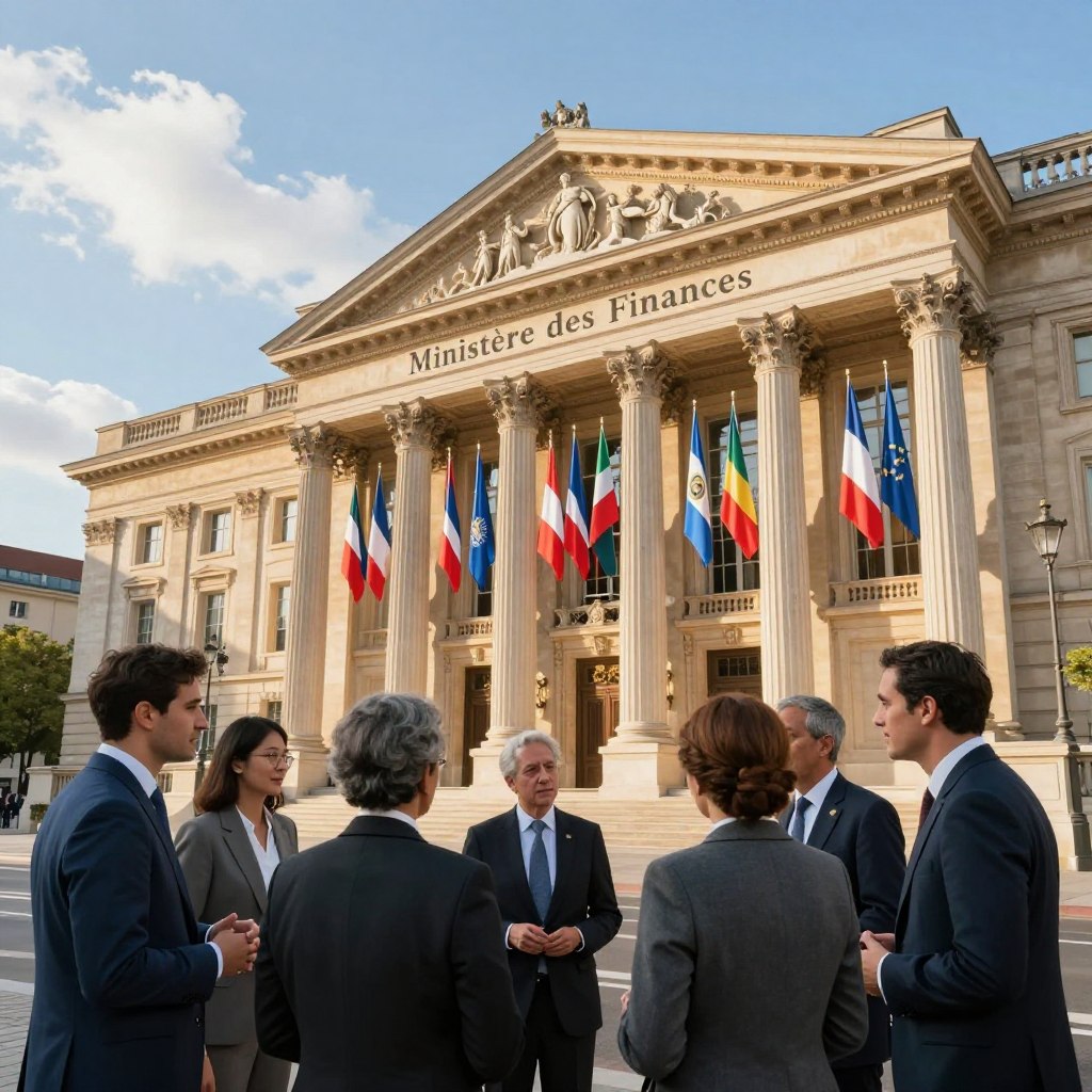 A grand view of the "Ministère des Finances" building, showcasing its classical architecture with ornate columns and a majestic facade. In the foreground, a group of diverse professionals in business attire engage in discussion, symbolizing international relations and collaboration. The middle ground features the building’s entrance, adorned with flags from various countries, indicating diplomatic presence. In the background, soft clouds drift across a bright blue sky, enhancing the sense of a vibrant day. The lighting is warm and inviting, with sunlight casting gentle shadows, creating a welcoming atmosphere. Capture the scene from a slightly elevated angle, focusing on the interplay between the professionals and the iconic architecture, evoking a sense of unity and purpose in financial diplomacy.