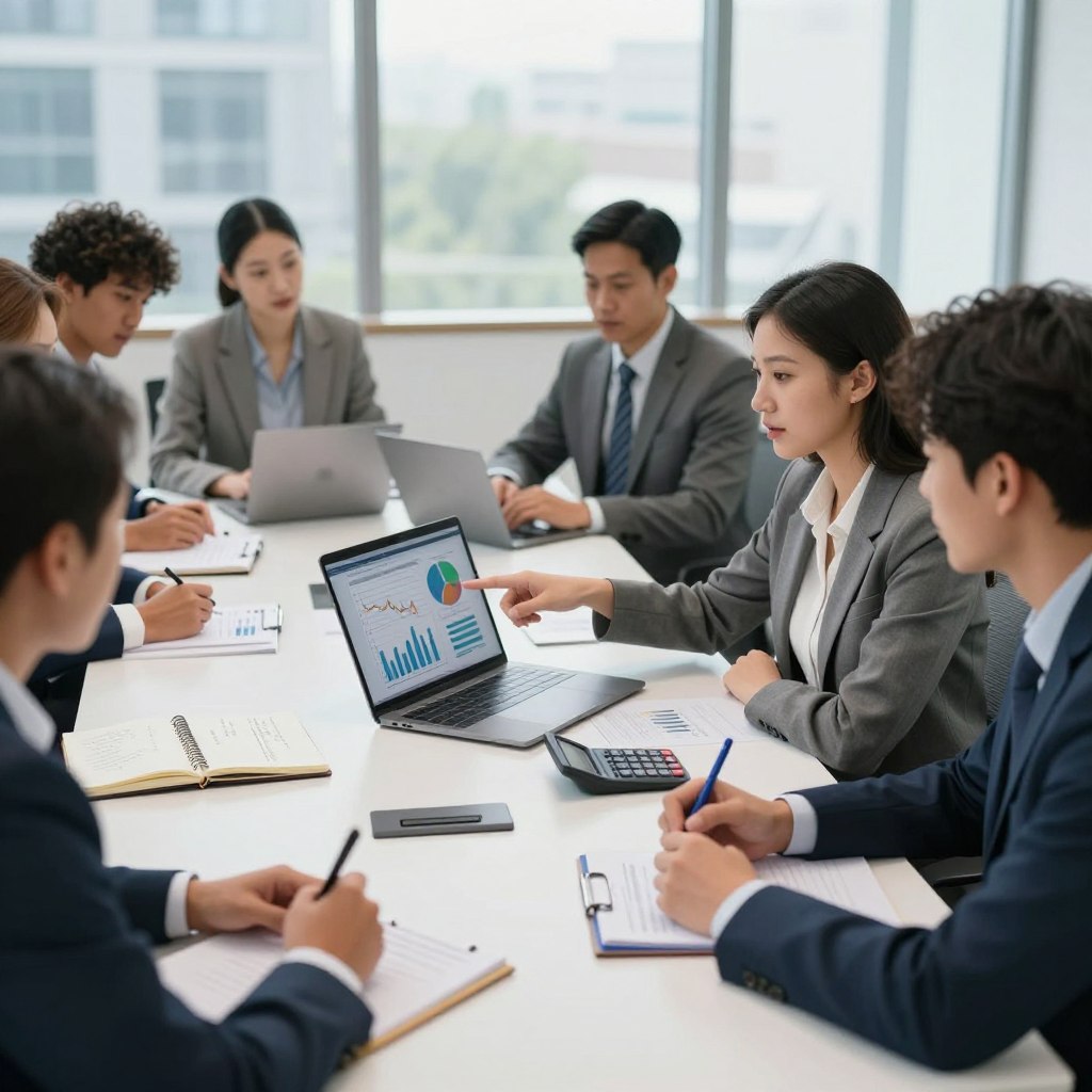 A group of diverse, professionally dressed individuals engaged in a dynamic brainstorming session around a modern conference table. In the foreground, a woman wearing a tailored blazer enthusiastically points to a laptop screen displaying financial graphs and charts, while a man in a suit takes notes. The middle layer features an open notebook with handwritten notes and a calculator, underscoring the theme of evaluation and feedback. In the background, the office is filled with large windows allowing soft, natural light to flood the room, creating a bright and inspiring atmosphere. The overall mood is collaborative and focused, perfect for a finance-related training environment.