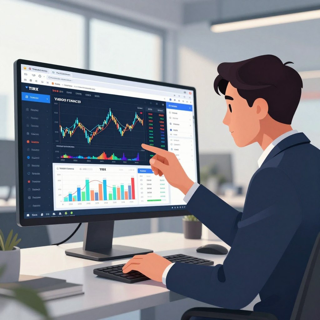 A high-resolution digital illustration showing a modern financial workspace, where a professional in business attire is intently analyzing stock data on a large screen displaying the Yahoo Finance interface, specifically highlighting TIRX stock information. In the foreground, focus on the individual, with an expression of concentration and determination. In the middle ground, the screen shows interactive graphs and market trends related to TIRX, illuminated in bright colors for visibility. The background features a sleek office environment with minimalistic design, natural lighting filtering in through large windows, creating a vibrant and engaging atmosphere. Overall, the image should convey a sense of professionalism and focus on financial analysis.