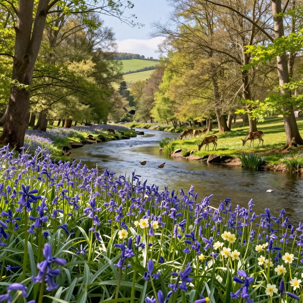 A lush northern French landscape showcasing biodiversity, featuring a vibrant foreground of native wildflowers in full bloom, such as bluebells and primroses. In the middle ground, a tranquil river meanders through a dense forest, with wildlife like deer grazing peacefully and various bird species flitting about. The background boasts rolling hills and a clear sky, with soft, warm sunlight filtering through the trees, creating dappled shadows on the ground. The overall atmosphere is serene and harmonious, reflecting the rich natural heritage of the region. Capture this scene with a slightly elevated angle that emphasizes depth, using high-resolution detail to bring out the colors and textures of the flora and fauna.
