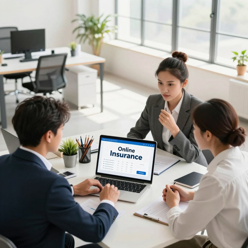 A modern and professional digital workspace showcasing the concept of online insurance. In the foreground, a diverse group of three business professionals, two men and one woman, are engaged in a discussion around a laptop displaying insurance metrics. They are dressed in professional business attire. The middle ground features a sleek desk with stylish office supplies and a plant for a touch of greenery. The background includes a bright, spacious office with large windows allowing natural light in, creating an inviting atmosphere. Use warm tones to enhance the feeling of trust and reliability. Capture the scene with a slight overhead angle to emphasize collaboration and innovation in the realm of online insurance services.