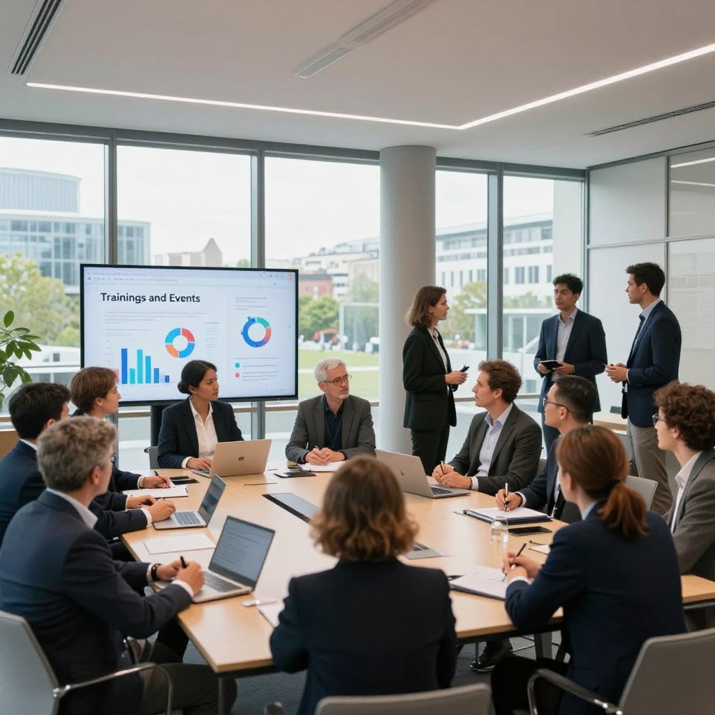 A modern business conference scene at the Nantes public finance center, showcasing a professional seminar in a well-lit, spacious meeting room. In the foreground, a diverse group of attendees in business attire are engaged in discussions, taking notes, and interacting with digital presentations on screens. The middle layer features a large presentation screen displaying the words "Trainings and Events" alongside charts and graphs. In the background, large windows reveal a bright, urban landscape of Nantes, with greenery and modern buildings. Soft lighting creates a welcoming atmosphere, while the camera angle captures the energy of collaboration, focusing on the participants’ expressions and interactions as they network and share knowledge.