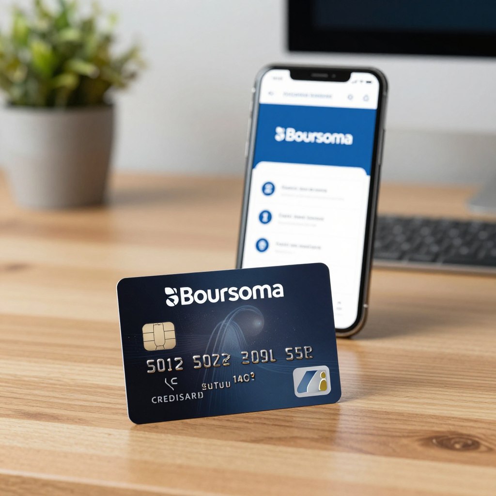 A modern credit card with the "Boursorama" logo prominently displayed, placed on a sleek wooden desk. The card is shown in the foreground, angled to highlight its security features, such as a chip and holographic elements. In the middle ground, a smartphone displays the Boursorama banking app, emphasizing digital security measures. The background features subtle office decor, with soft-focus elements like a potted plant and a computer monitor, conveying a professional atmosphere. The lighting is bright but soft, creating a warm and inviting feel. The overall mood suggests trust and reliability, perfect for illustrating the safety and protection aspects of the Boursorama credit card.