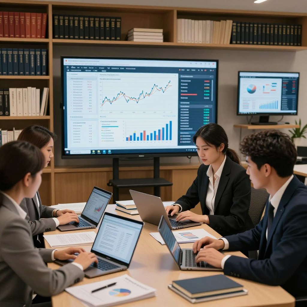 A modern digital classroom setting showcasing the concept of e-learning in finance. In the foreground, a diverse group of three professionals dressed in smart business attire, intently engaging with laptops and tablets, surrounded by books and financial charts. In the middle, a large interactive smartboard displays financial graphs and data analysis, symbolizing the methodology of teaching. The background features shelves filled with finance textbooks and digital learning resources, creating an academic atmosphere. Soft, warm lighting illuminates the room, enhancing a focused and inspirational mood. The angle is slightly elevated, providing a comprehensive view of the learning environment. The image captures the essence of modern financial education through technology and collaboration.