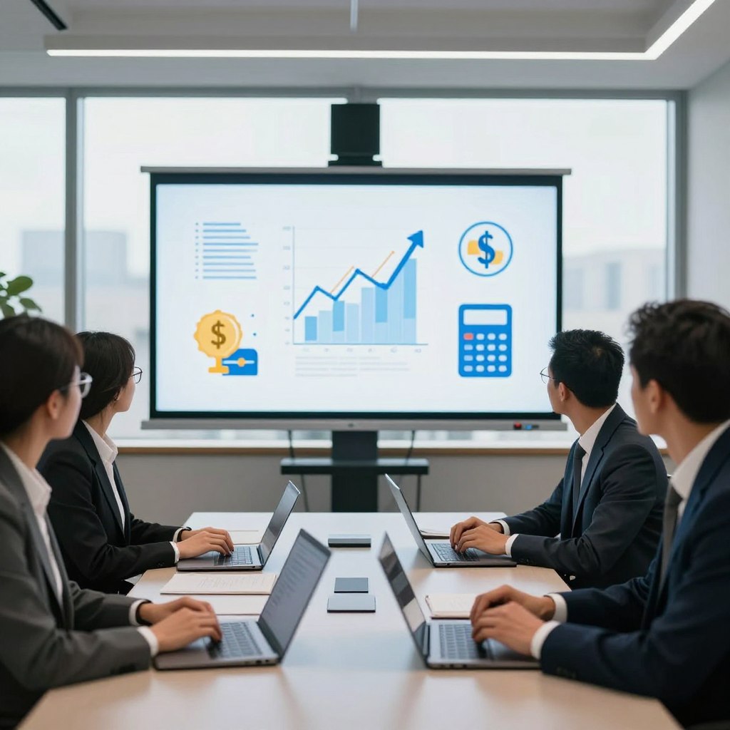 A modern, digital conference room bustling with professionals engaging in a webinar on financial guidance. In the foreground, a diverse group of three individuals dressed in business attire, sitting at a sleek table with laptops open, attentive to a large screen displaying a graph and financial data. The middle ground features a brightly lit projector screen illustrating the theme of finance, overlaid with abstract financial icons like charts, currencies, and calculators. The background represents a minimalist office space with large windows allowing natural light to flood in, creating an inviting atmosphere. The overall mood is one of collaboration and innovation, with a focus on professional development in finance. The scene is framed with a slight depth of field effect, highlighting the professionals while subtly blurring the background details.