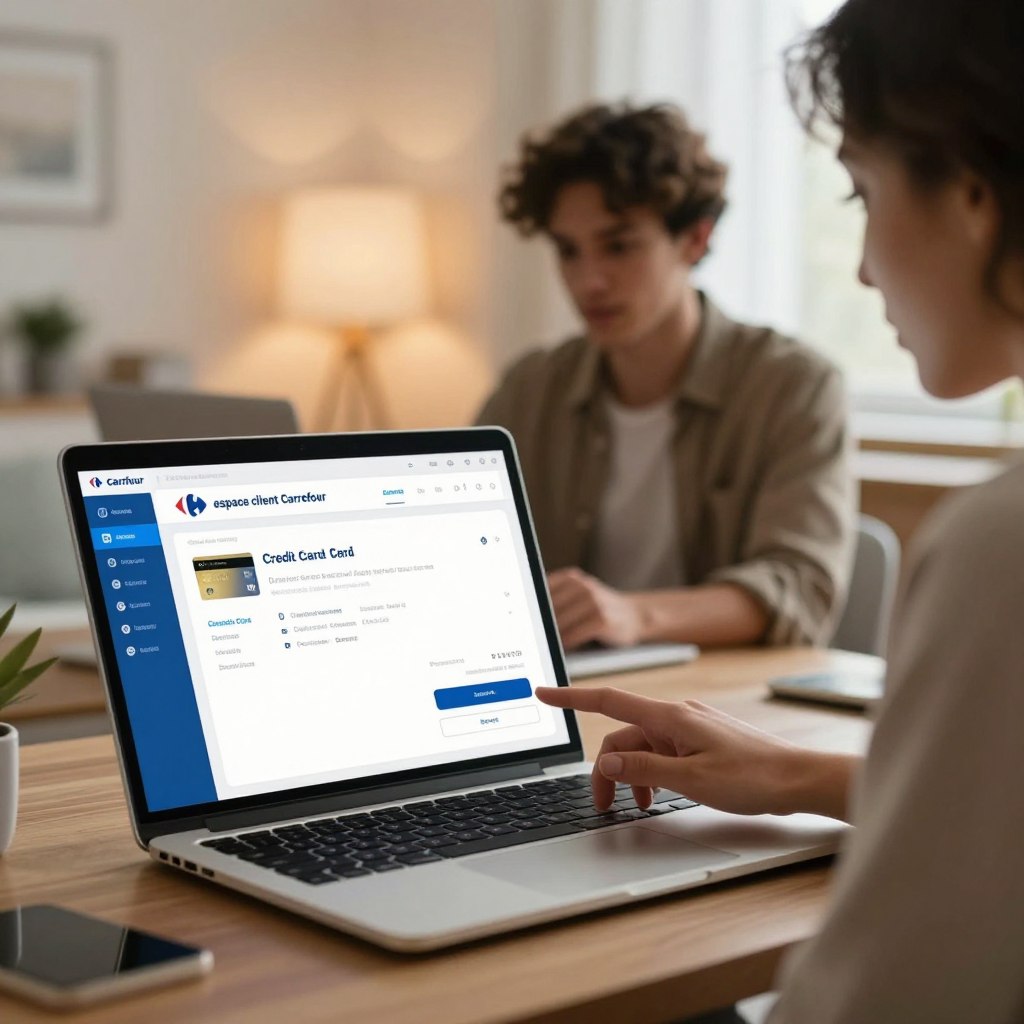 A modern digital interface representing "espace client Carrefour," designed for online management of credit cards. In the foreground, show a sleek laptop displaying the Carrefour client space with user-friendly navigation options, credit card details, and a secure login area. The middle layer features a professional-looking person in modest casual attire, focused on the screen while interacting with the interface, showcasing a sense of engagement and ease. In the background, simulate a cozy home office environment with soft, ambient lighting that creates a calm and productive atmosphere. Use a warm color palette to convey a welcoming feel, with natural light streaming through a window, enhancing the overall inviting mood.