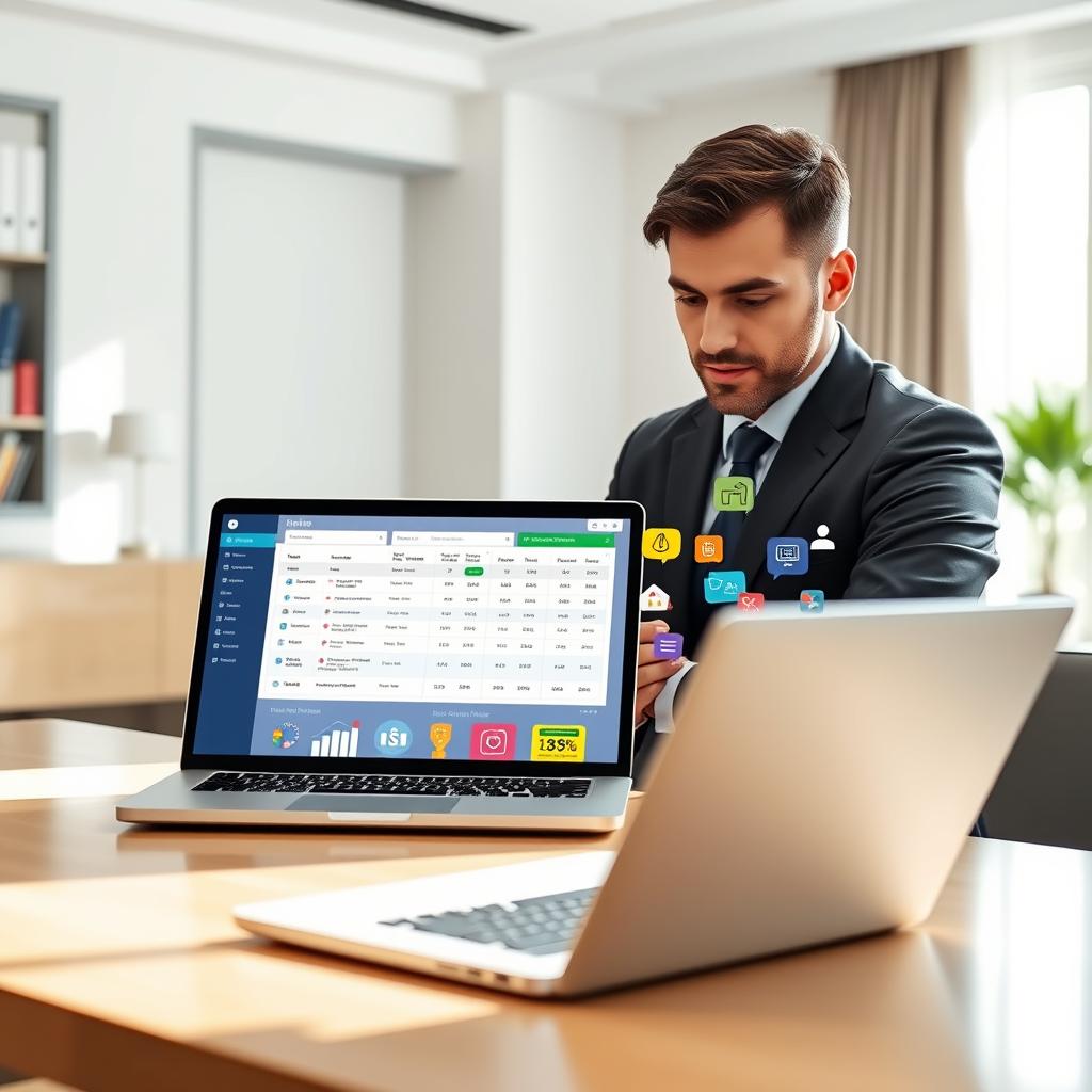 A modern digital workspace illustrating "online insurance comparison." In the foreground, a sleek laptop with an open screen displaying a colorful, user-friendly interface of a comparison tool, showcasing various insurance options with clear icons and charts. To the side, a professional wearing business attire is intently analyzing the data, featuring a focused expression. The middle ground includes a vibrant assortment of insurance-related visuals, like checkmarks, graphs, and clickable icons, representing affordability and ease of use. The background is an elegant, minimalist office with soft natural light streaming in through a large window, creating a calm and productive atmosphere. The overall mood is one of trust and innovation, emphasizing the accessibility and benefits of online insurance comparison.