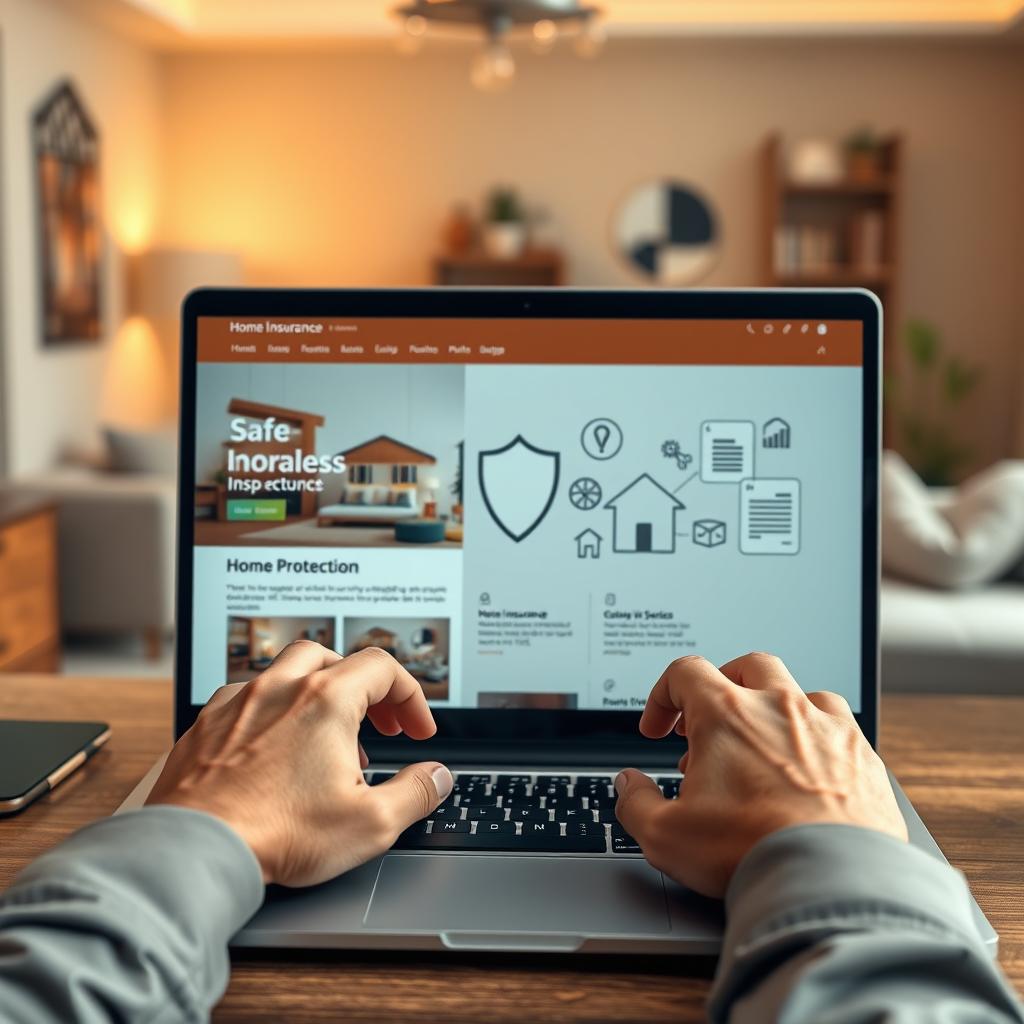 A modern digital workspace setup, emphasizing online home insurance concepts. In the foreground, depict a sleek laptop displaying a safe, user-friendly insurance website with cozy home imagery. Include a pair of hands, dressed in professional attire, poised over the keyboard, symbolizing the act of securing home protection. In the middle, feature various icons representing insurance coverage, such as a shield, house, and documents, creatively arranged. The background should gently fade into a warm, inviting living space, featuring soft lighting that creates a calm and secure atmosphere. Use a shallow depth of field to emphasize the foreground elements. Overall, the image should convey a sense of security and modernity, reflecting the impact of new legislation on home insurance choices.