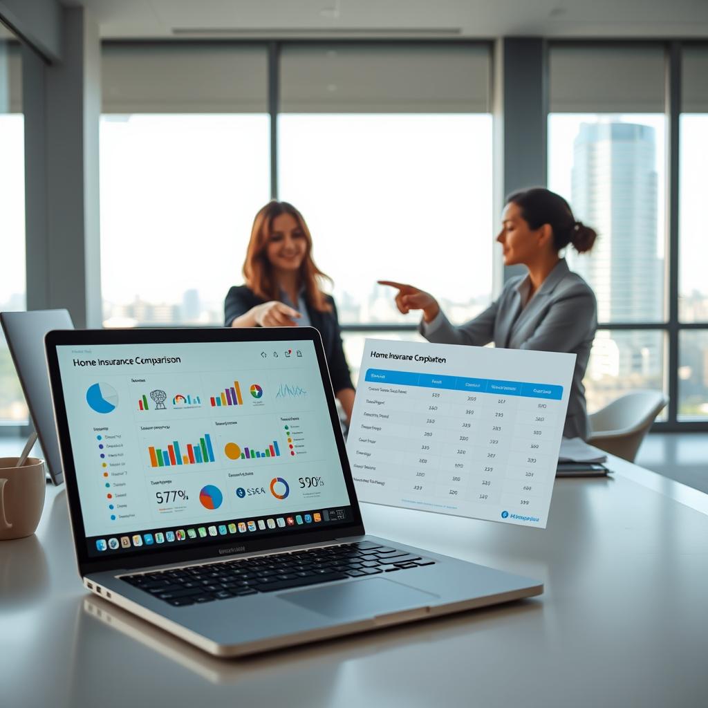 A modern, digital workspace showcasing an online home insurance comparison tool. In the foreground, a sleek laptop displays user-friendly software with charts and icons for various insurance providers. Two professionals, dressed in business attire, are engaged in discussion, pointing at the screen, reflecting collaboration. The middle-ground features a stylish desk with documents and a coffee cup, while a large window in the background bathes the room in natural light, revealing a serene urban landscape. The atmosphere is focused and optimistic, with a hint of modern technology and professionalism. The color palette includes soft blues and greens, creating a calm yet productive environment.