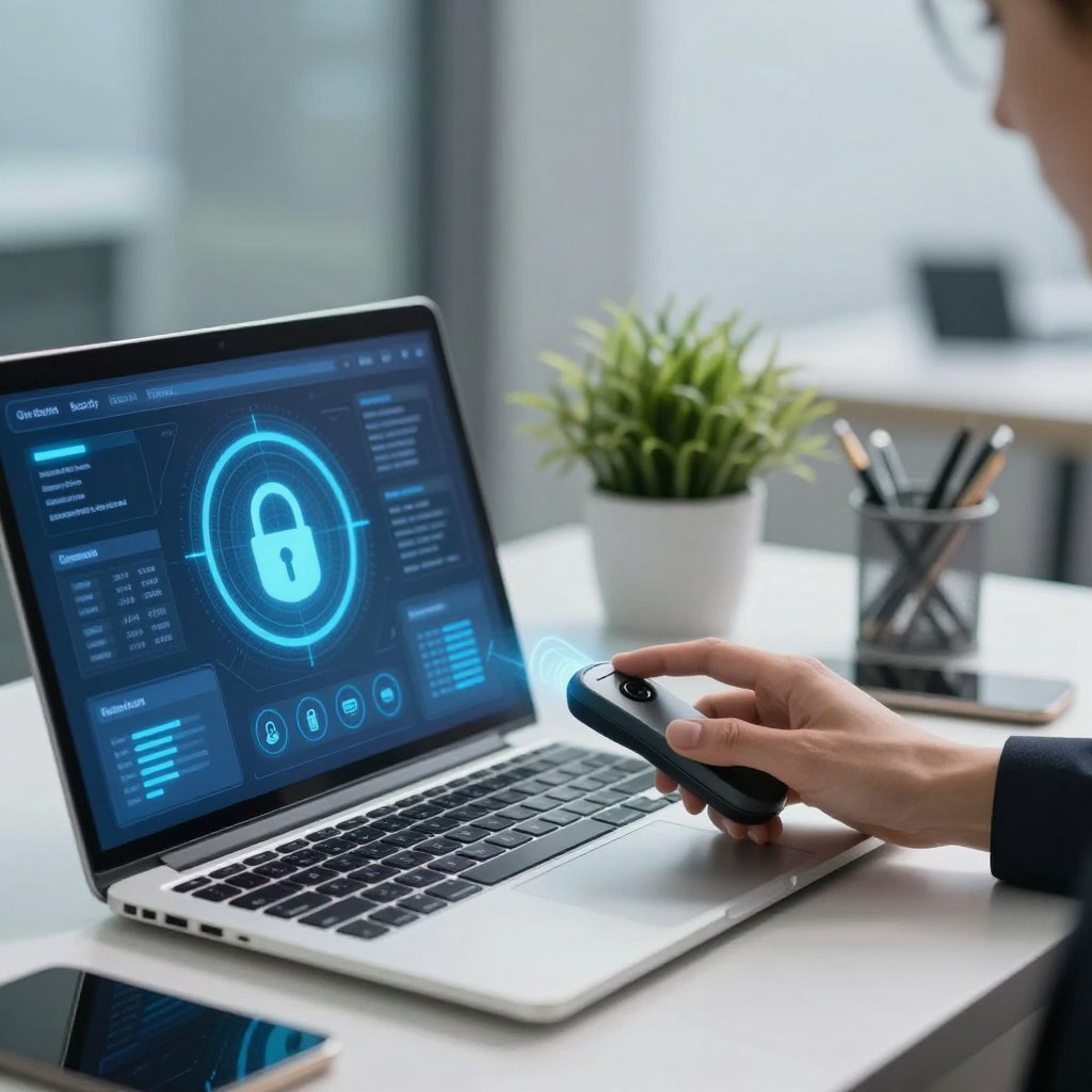 A modern digital workspace showcasing online security and finance, featuring a sleek laptop open on a desk with a visually striking security interface displayed on the screen. In the foreground, a hand is using a biometric fingerprint scanner, symbolizing identity protection. The middle ground includes a potted plant and stylish office supplies, conveying a professional atmosphere. The background should show a soft-focused office environment with subtle blue and green hues to evoke trust and safety. Soft, natural lighting illuminates the scene, creating a calm and focused mood. The overall composition is balanced and visually appealing, aimed at emphasizing the importance of online security in a financial context.