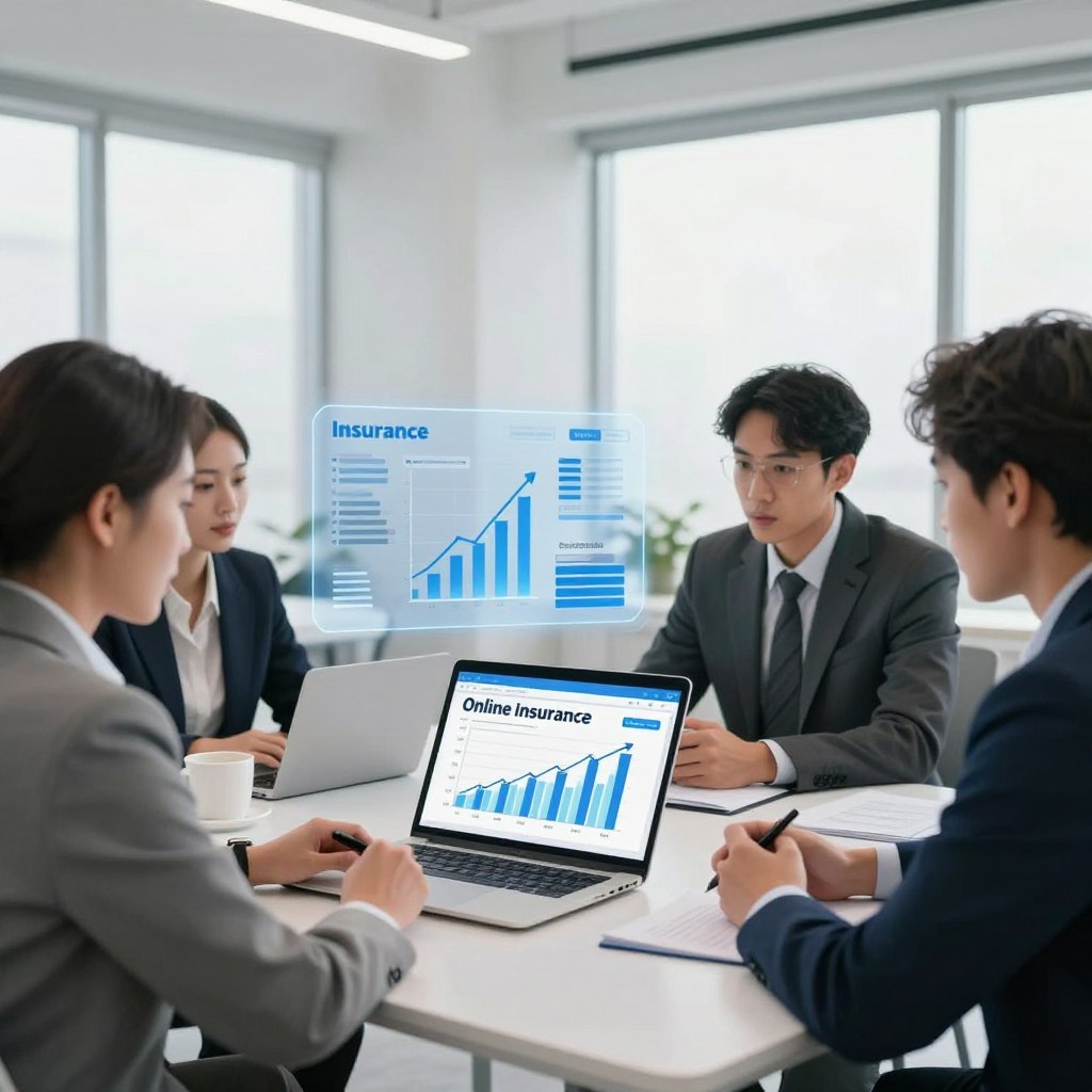 A modern digital workspace showcasing the concept of online insurance, with a sleek laptop open displaying a graph representing growth and customer satisfaction metrics. In the foreground, a diverse group of professionals—two men and one woman, all in smart business attire—are collaborating over the laptop, appearing engaged and discussing strategies. In the middle ground, a transparent screen displays futuristic data analytics and insurance options, showcasing the impact of technology. The background features a bright, minimalist office environment with large windows, allowing natural light to fill the space, emphasizing a sense of innovation and trust. The overall mood is optimistic and forward-thinking, representing the evolution of the insurance industry.