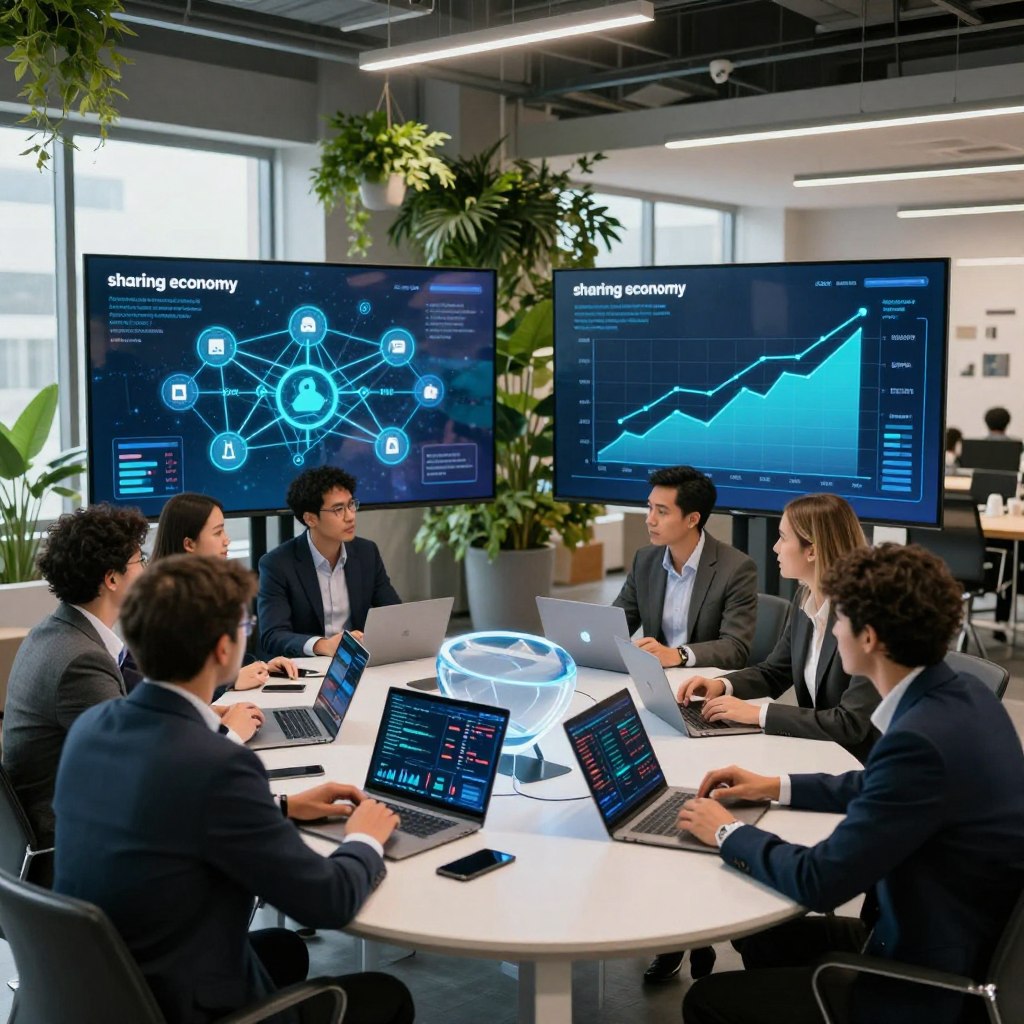 A modern, dynamic fintech office environment showcasing the concept of "sharing economy" in 2026. In the foreground, a diverse group of professionals wearing business attire is engaged in a collaborative discussion around a sleek, high-tech table with digital devices displaying financial data and charts. In the middle ground, large transparent screens illustrate blockchain networks and peer-to-peer transactions, with graphs showing exponential growth trends. The background features an open office space with green plants and contemporary decor, reflecting sustainability and innovation. Soft natural lighting streams in through large windows, creating an energetic but focused atmosphere. The overall mood is one of collaboration and forward-thinking in the financial technology sector.