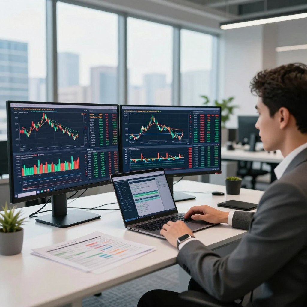 A modern, dynamic scene of online trading in a well-lit office environment. In the foreground, a professional individual dressed in business attire is focused on multiple screens displaying colorful stock charts and trading data. The middle ground features a sleek desk with a laptop, trading tools, and financial reports. The background shows a large window with a city skyline, suggesting an urban setting, with natural light streaming in, creating a bright and energetic atmosphere. The overall mood is focused and inspiring, reflecting ambition and the fast-paced nature of online trading. Use a wide-angle lens to capture the entire workspace and emphasize the technology involved, ensuring a sharp, high-quality image.