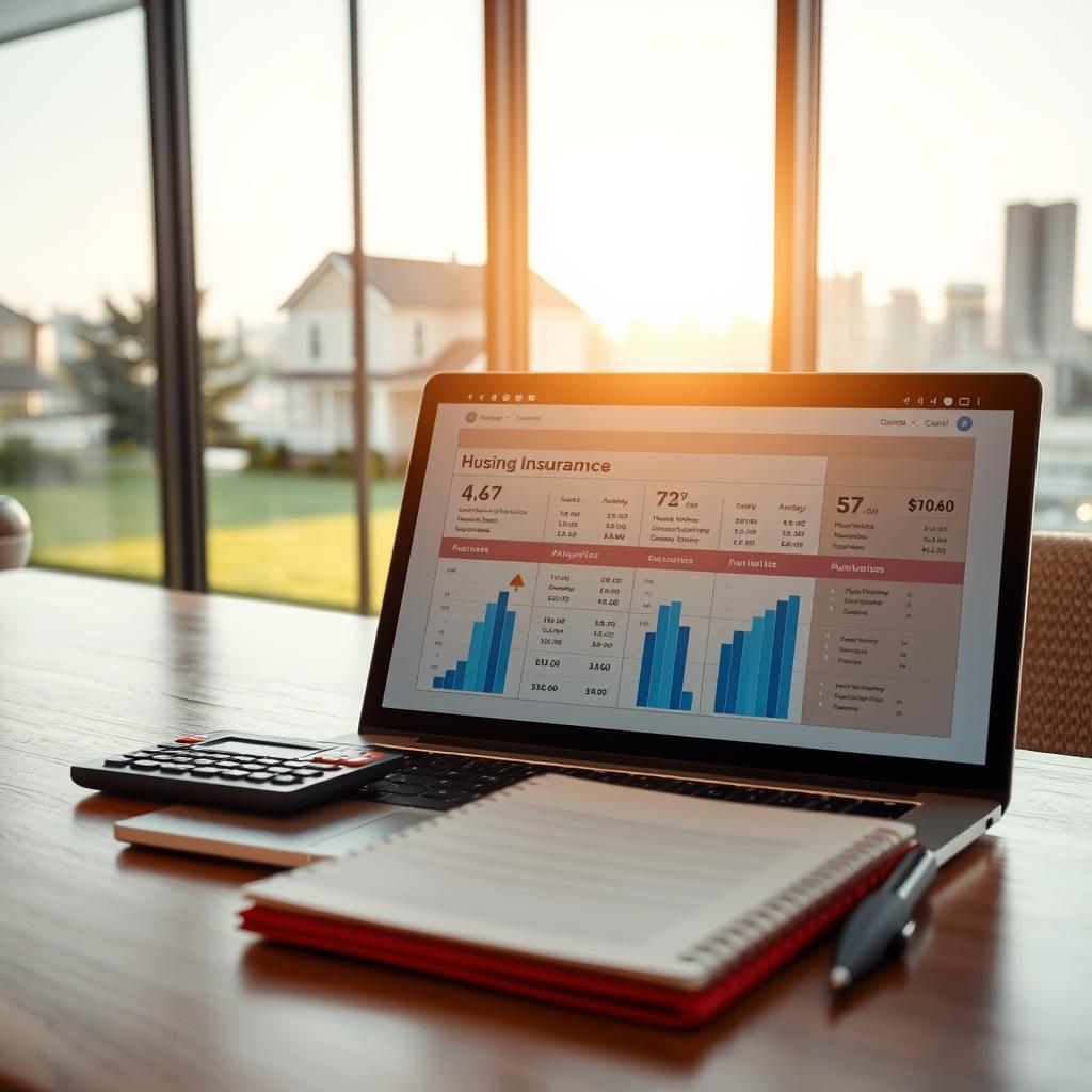 A modern financial comparison dashboard on a sleek, wooden desk, showcasing various insurance housing options. In the foreground, a laptop screen displays side-by-side comparisons of different housing insurance plans with graphs and cost estimates. A calculator, notepad, and pen add a personal touch to the workspace. In the middle, a soft-focus window reveals a cozy, suburban home with a well-maintained lawn, bathed in warm afternoon sunlight. The background includes a glimpse of a city skyline, reflecting a blend of urban and residential life. The overall atmosphere is professional and inviting, encouraging the viewer to consider their options wisely. Use bright, natural lighting to enhance clarity and focus on the details.