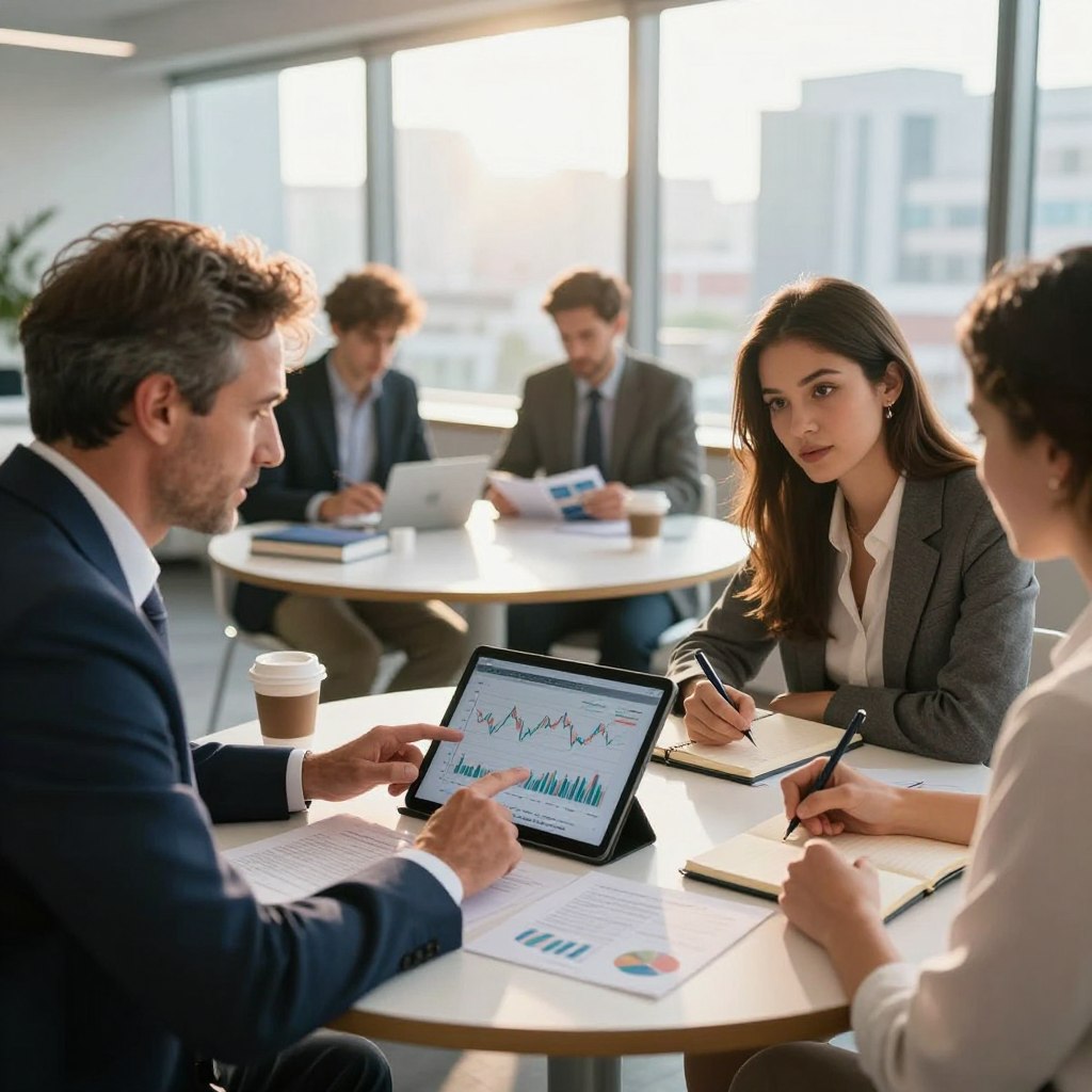 A modern financial forum setting, showcasing a diverse group of three professionals engaged in an animated discussion. In the foreground, a middle-aged man in a smart business suit points to a digital tablet displaying financial graphs, with notes scattered around. A young woman in business casual attire leans in attentively, taking notes in a sleek notebook. In the background, a large window offers a cityscape view, with sunlight illuminating the room, creating a warm and inviting atmosphere. The middle layer features an elegant round table filled with finance books and coffee cups, emphasizing collaboration and knowledge-sharing. The overall mood is energetic and professional, highlighting the benefits of expert financial advice in an engaging community forum.