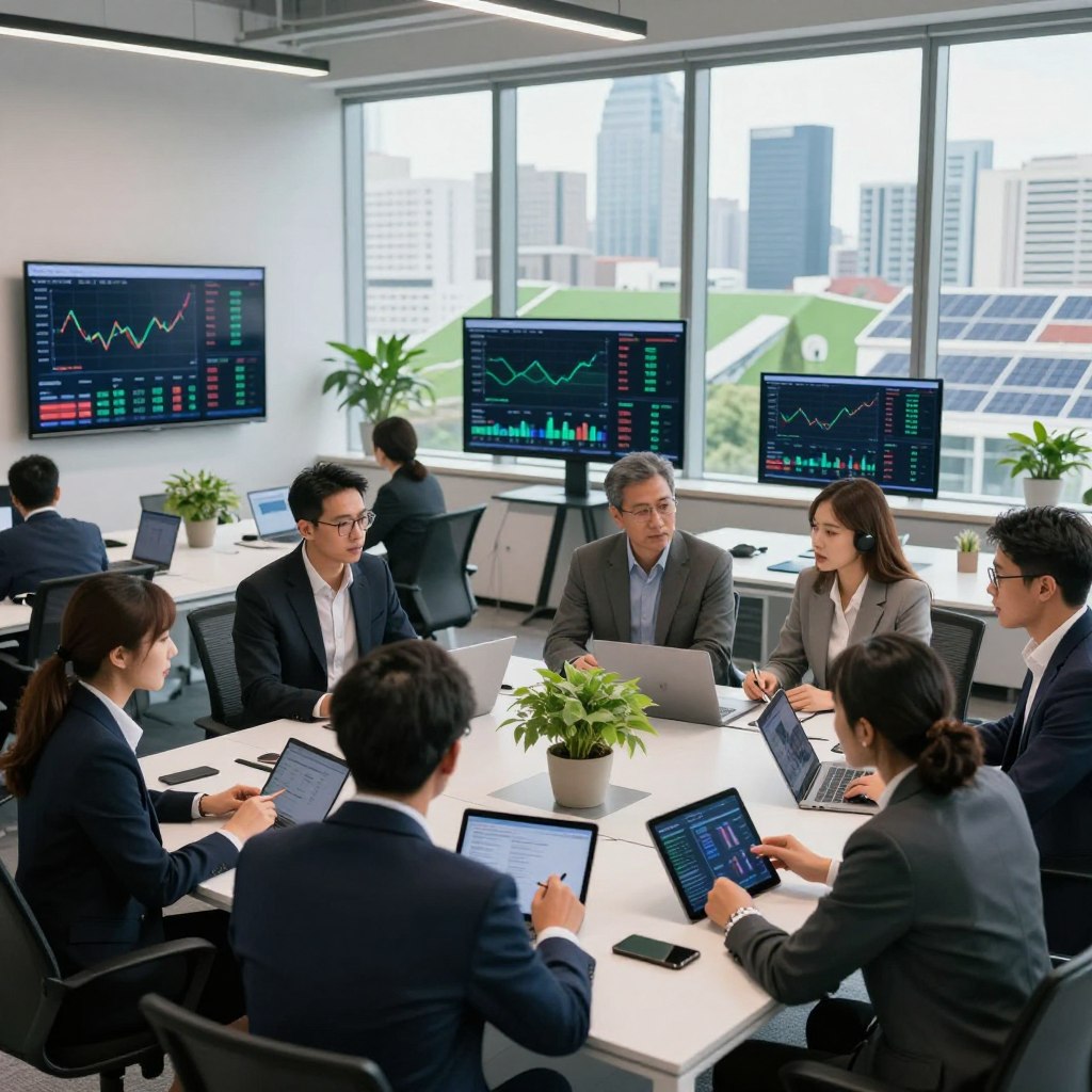 A modern financial technology office space with screens displaying digital investment analytics and eco-friendly investment portfolios. In the foreground, a diverse group of professionals in business attire are engaged in discussion, analyzing data on tablets. In the middle, sleek desks with laptops and potted plants symbolize sustainability. The background features large windows letting in bright, natural light, showcasing a city skyline with green rooftops and solar panels. The overall mood is collaborative and innovative, emphasizing responsible investing and the integration of technology in finance. The angle is slightly elevated, capturing the hustle of the fintech environment with a soft focus on the cityscape.