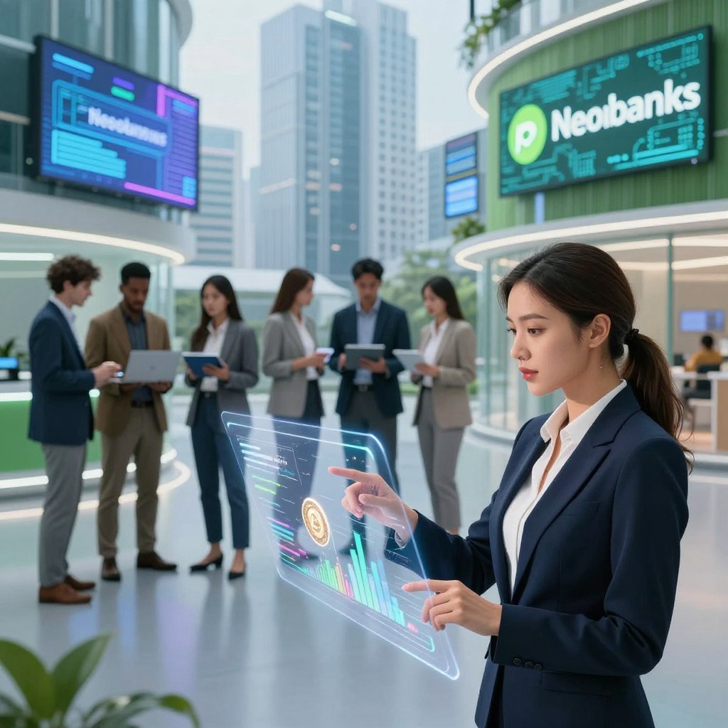 A modern financial technology scene illustrating neobanks and new financial actors. In the foreground, a professional woman in smart business attire is engaging with a sleek, transparent touchscreen financial interface displaying graphs and digital currencies. In the middle ground, a diverse group of professionals, clad in business casual clothing, collaboratively discuss innovations using laptops and tablets. The background features a futuristic cityscape with digital billboards and green architecture, highlighting technology-driven banking solutions. Bright, ambient lighting enhances the innovative atmosphere, and a wide-angle view captures the dynamic interaction in this vibrant, modern financial environment.