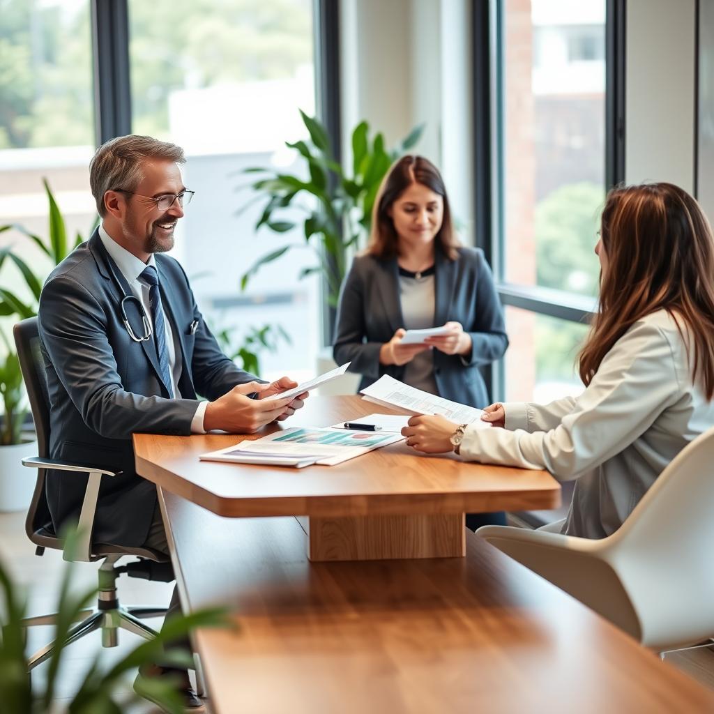 A modern healthcare office scene depicting a friendly healthcare professional discussing medical benefits with an attentive patient. The foreground features a doctor in a professional business attire, sitting at a sleek wooden desk filled with medical brochures and a laptop. In the middle ground, there is a patient, dressed in modest casual clothing, looking engaged and taking notes. The background showcases a bright, airy room with large windows allowing natural light to flood in, plants adding a touch of warmth. The atmosphere is calm and professional, emphasizing trust and clarity in medical care. Use soft lighting to create an inviting feel, shot from a slightly elevated angle to capture the interaction effectively.
