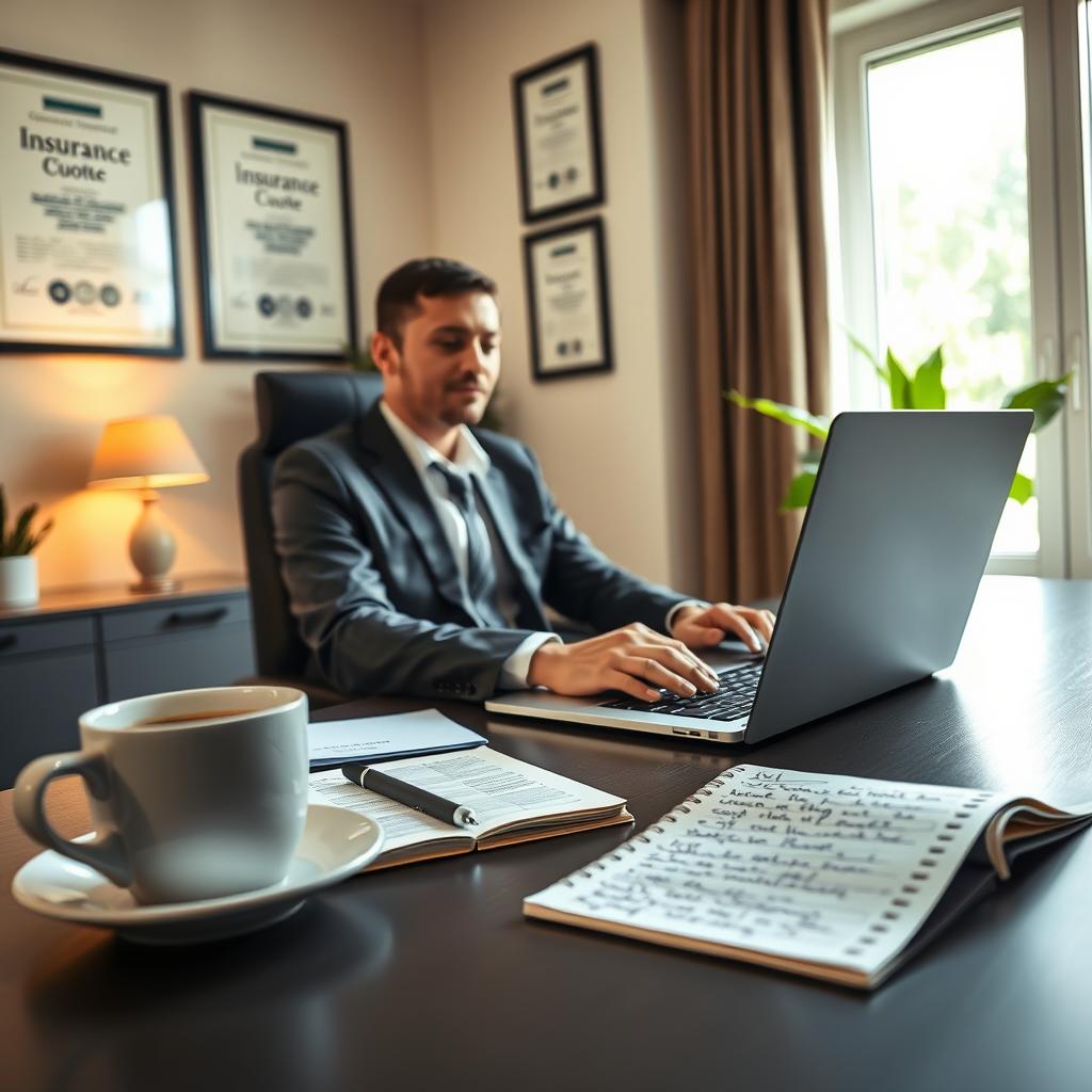 A modern home office scene featuring a professional individual in business attire, seated at a sleek desk with a laptop open, displaying an insurance quote online. The foreground includes a cup of coffee and a notepad filled with handwritten notes, while the middle ground shows a wall mounted with framed certificates related to insurance. In the background, a large window lets in warm, natural light, illuminating the room and creating a welcoming atmosphere. Soft greenery is visible outside, enhancing the calm and professional feel. The image should convey efficiency and clarity, perfect for illustrating the process of gathering information for online car insurance quotes. The overall mood is focused and organized, emphasizing a sense of professionalism and accessibility.