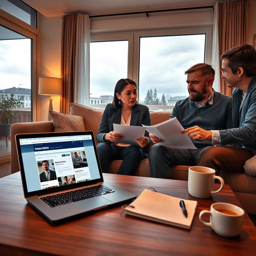 A modern living room scene depicting a family dealing with a home insurance claim after a disaster. In the foreground, a concerned couple dressed in professional business attire is sitting at a coffee table, reviewing documents and discussing with a friendly insurance agent in modest casual clothing. The middle ground shows an open laptop displaying an insurance website, alongside a notepad filled with notes and a cup of coffee. In the background, a window reveals a stormy scene outside, symbolizing the disaster, with rain pouring and dark clouds. The lighting is warm and cozy inside the living room, contrasting with the cold, harsh weather outside, creating a feeling of hope and reassurance. Use a slightly tilted angle to emphasize the discussions taking place.