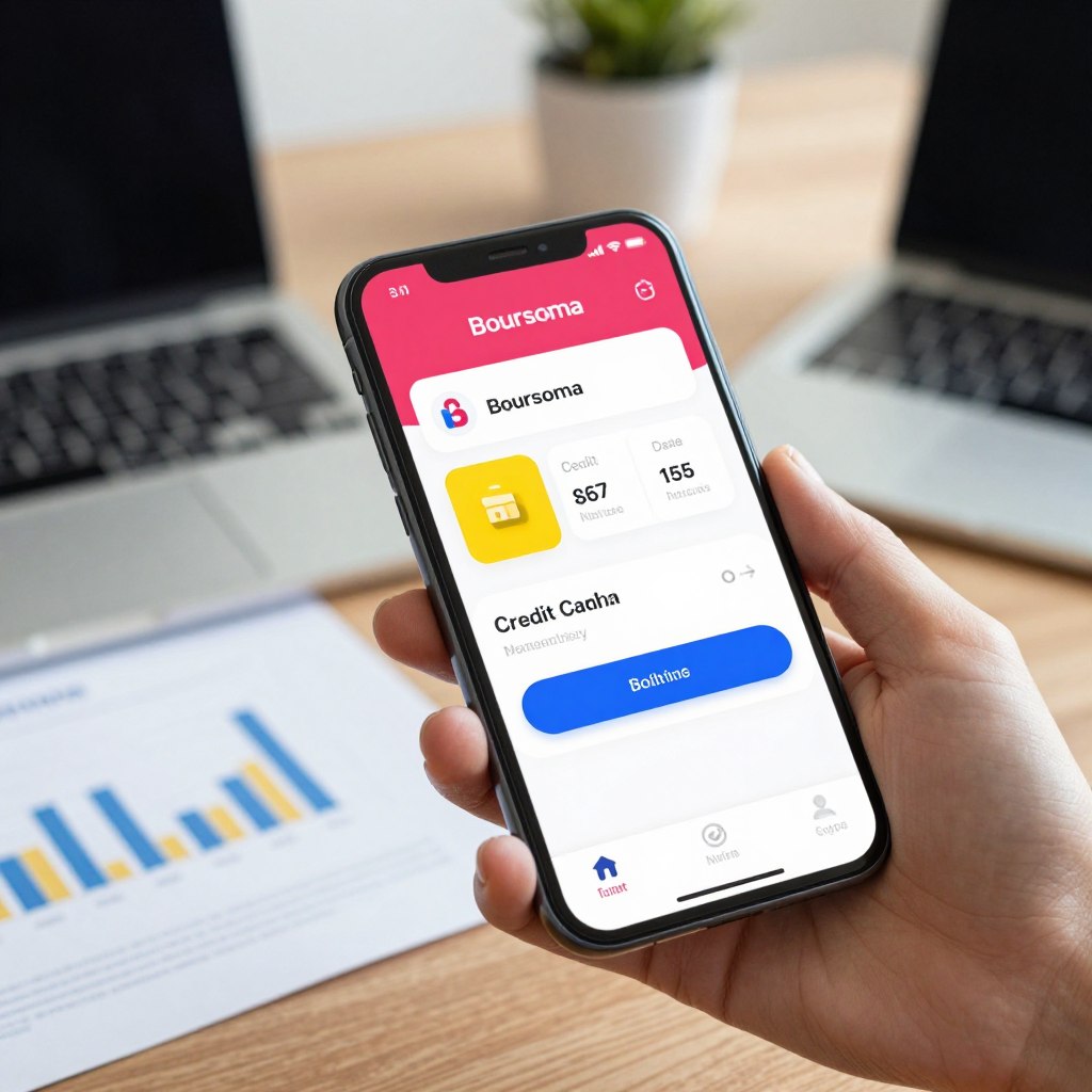 A modern mobile application interface of Boursorama sits prominently in the foreground. The app's sleek design features vibrant colors and user-friendly navigation elements that showcase credit card management tools. In the middle ground, a smartphone is held in a hand, displaying the app screen, with a blurred background of a contemporary workspace, including a desk with a laptop and financial documents. Soft, natural lighting illuminates the scene, highlighting the organic feel of the workspace. The mood is professional yet inviting, conveying the ease of managing a credit card through Boursorama's mobile application. The angle is slightly tilted to emphasize the smartphone, creating an engaging perspective. No text or branding visible beyond the app's design.