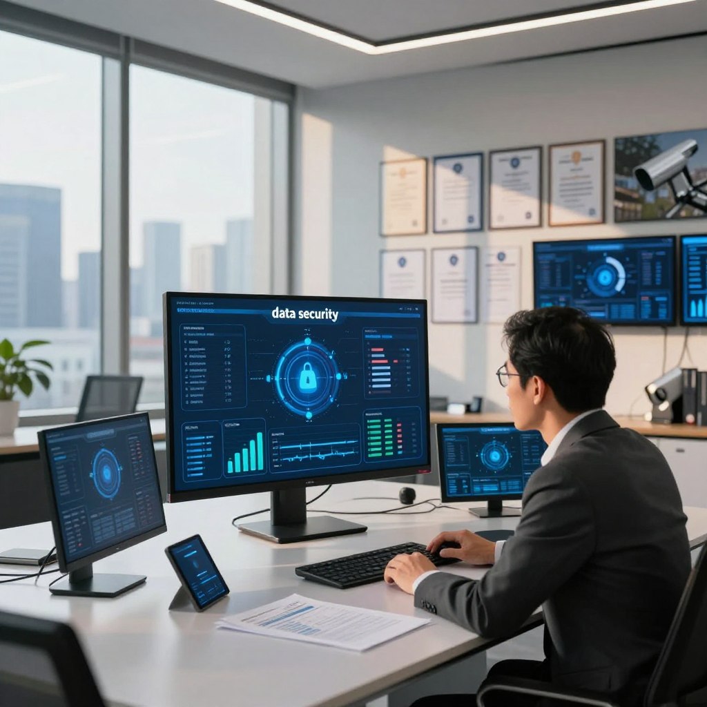 A modern office environment focused on data security, featuring a sleek conference table with scattered digital devices and documents. In the foreground, a professional dressed in business attire examines a large screen displaying complex data analytics and security graphs, highlighting the essential aspects of "data security." The middle ground shows a wall filled with digital security certifications and surveillance monitors. The background features a glass window showcasing a city skyline, bathed in warm, natural daylight, creating an atmosphere of optimism and stability. The lighting is bright yet soft, casting gentle shadows that enhance the focus on the data security theme while conveying a sense of urgency regarding public financial management challenges.