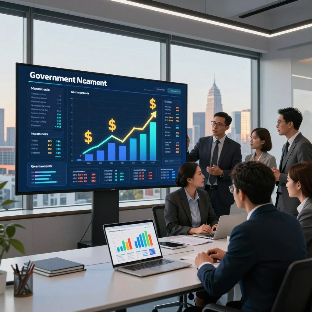 A modern office environment showcasing government financial data management. In the foreground, a sleek desk with a laptop displaying colorful graphs and charts representing recent financial updates. To the right, a diverse group of professionals in business attire, engaged in discussion, analyzing the data on the screen. The middle section features a large digital display graphically illustrating key government financial statistics, with dynamic animations of dollar signs and upward trends. The background shows a window with a panoramic view of a vibrant city skyline, illuminated by warm afternoon light. The atmosphere is one of productivity and professionalism, conveying a sense of innovation and clarity in financial management. A modern office environment showcasing government financial data management. In the foreground, a sleek desk with a laptop displaying colorful graphs and charts representing recent financial updates. To the right, a diverse group of professionals in business attire, engaged in discussion, analyzing the data on the screen. The middle section features a large digital display graphically illustrating key government financial statistics, with dynamic animations of dollar signs and upward trends. The background shows a window with a panoramic view of a vibrant city skyline, illuminated by warm afternoon light. The atmosphere is one of productivity and professionalism, conveying a sense of innovation and clarity in financial management.