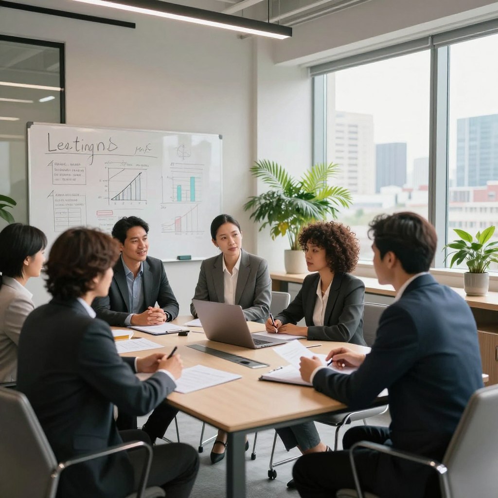 A modern office environment showcasing the concept of leasing and rental. In the foreground, a diverse group of professionals dressed in business attire—two men and one woman—are engaged in a discussion around a sleek conference table filled with documents and a laptop. The middle ground features a whiteboard with diagrams illustrating leasing options and financial plans, surrounded by indoor plants for a touch of greenery. In the background, large windows frame a city skyline, letting in natural light that creates a warm, inviting atmosphere. The lens is set to a slightly wide-angle to capture the dynamics of the setting, highlighting the collaboration and professionalism in the room. The overall mood is focused and optimistic, emphasizing the potential of financing through leasing and rental agreements.